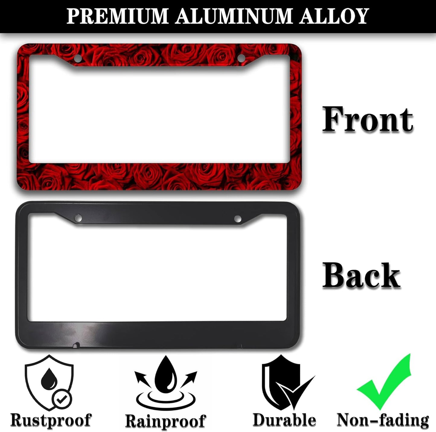 License Plate Frame Red License Plate Protector American Rose Red Rose Flower Aluminum Metal Car Accessory 2 Pack with Screw Covers Set