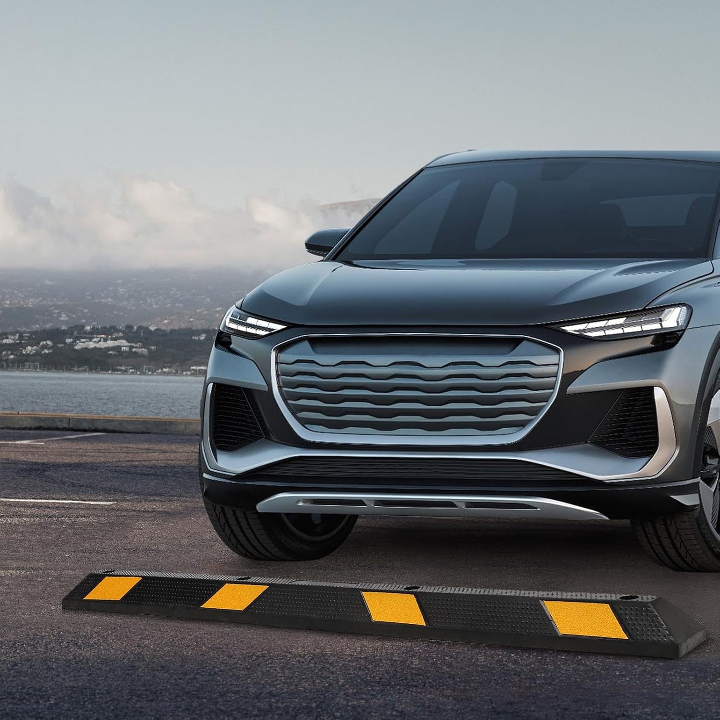 Parking Stoppers for Garage, 72 Inch Premium Parking Block Curb with Yellow Reflective Stripe, Heavy Duty Wheel Stopper for Cars, Vehicles, Trucks, Installation Kits Included, Pack of 2