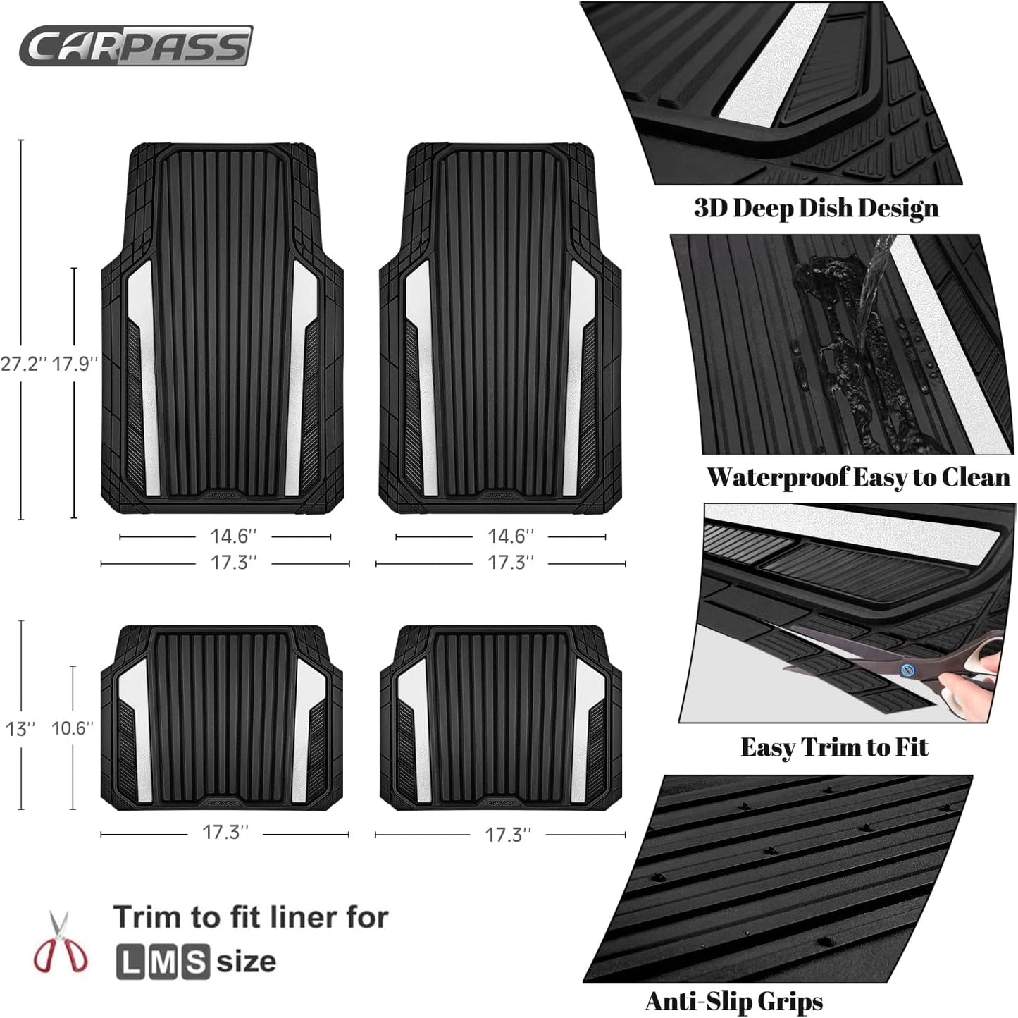 CAR PASS Heavy Duty Rubber Car Mats Metallic,Aluminum Film All Weather Floor Mats Waterproof Universal Trim to Fit SUVs Sedans Vans 4 Piece Anodized Deep Dish Two-Tone Sporty Black White Chrome
