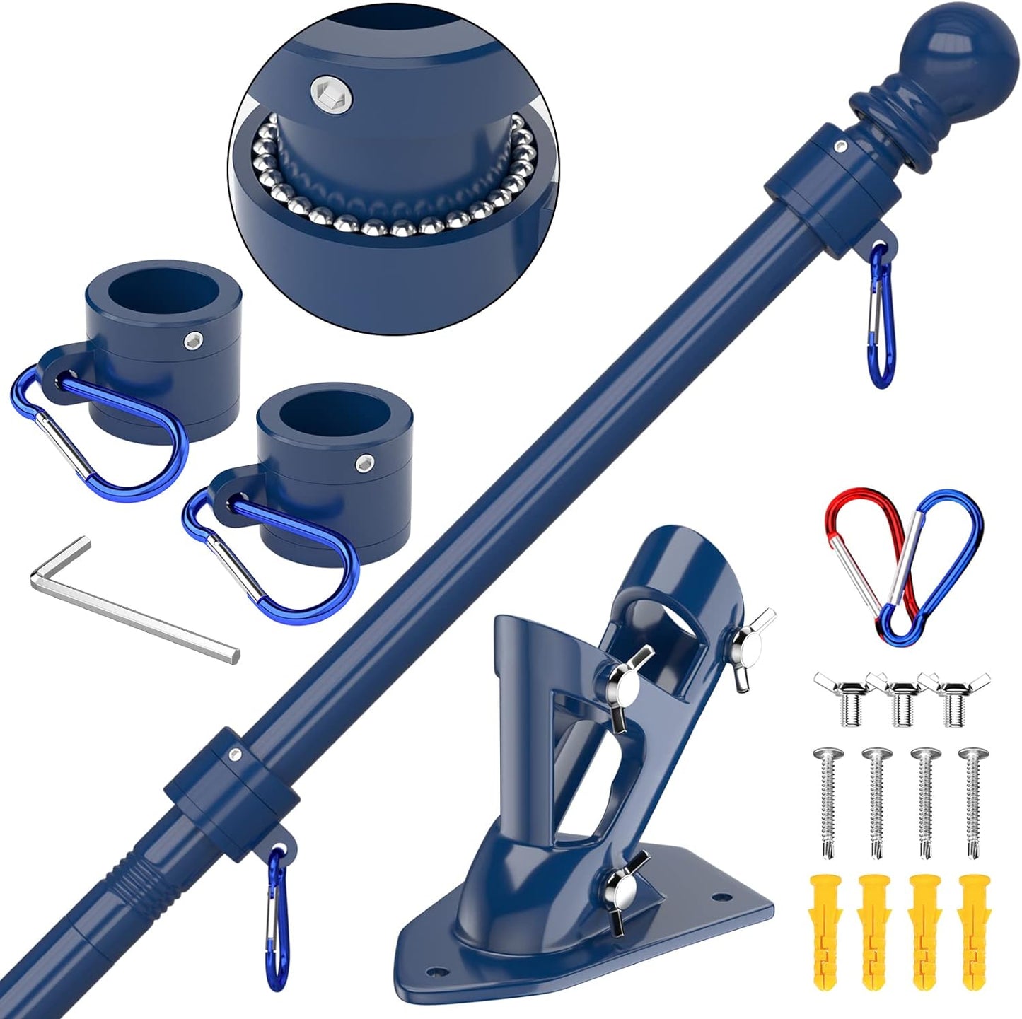 ZMTECH Flag Pole - Upgraded Bracket, 6 FT Stainless Steel Flag Poles for Outside House, Residential or Commerical, Tangle Free Flag Pole Kit for American Flag (without Flag, Blue)