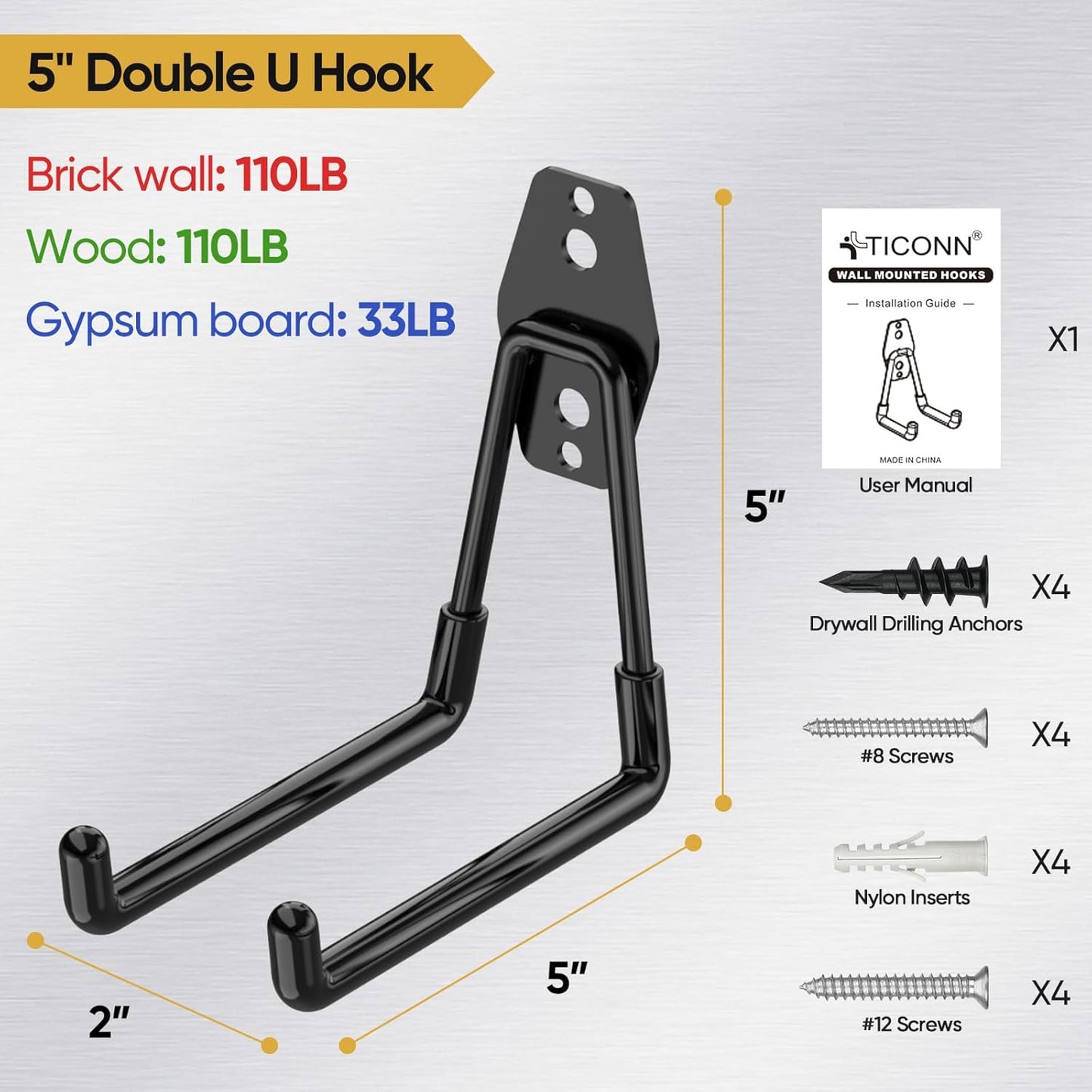 TICONN 2 Pack Heavy Duty Garage Hooks, Steel Utility Wall Storage Hooks, Wall Mount Hanger Organizer for Ladders, Bikes, Tools, Bulky Items (Medium, Yellow Square)