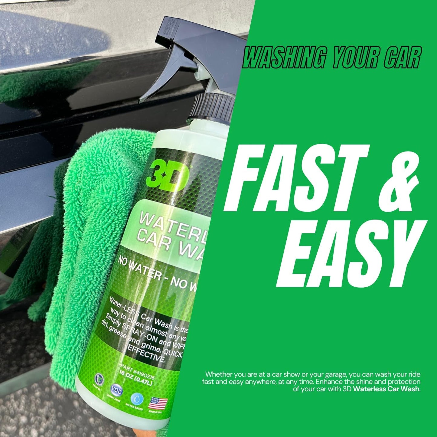 3D Waterless Car Wash - Easy Spray Waterless Detailing Spray - No Soap or Water Needed - Great on Cars, RVs, Motorcycles & Boats 16oz.
