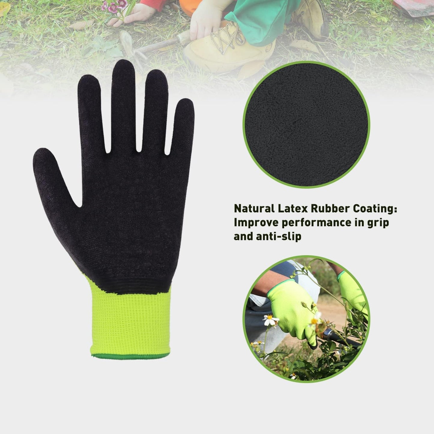HANDLANDY 3 Pairs Kids Gardening Gloves Latex Free, Nitrile Coated Children Toddler Garden Yard Work Gloves for Little Girls Boys (Size M, Black-Green)