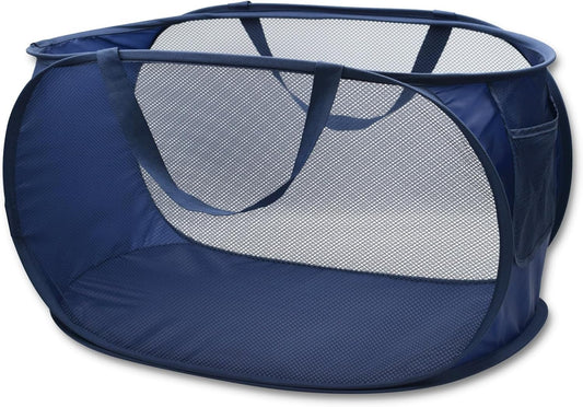 HONOMA Sturdy Mesh Laundry Hamper Basket Bag,Pop up Basket with Side Pocket for Laundry Room, Bathroom, Kids Room, College Dorm or Travel (Pop Horizontal, Navy Blue)