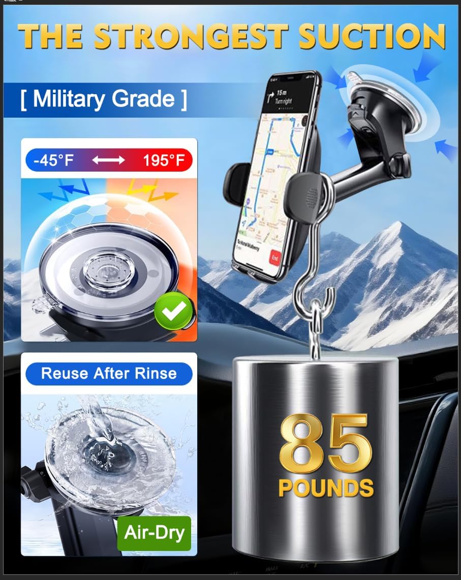 [Military-Grade Construction Phone Holders for Your Car, 2025 New Car Phone Holder Cell Smartphone Mount Windshield Dashboard Suction Cup Stand Truck Cradle for iPhone Samsung Android All
