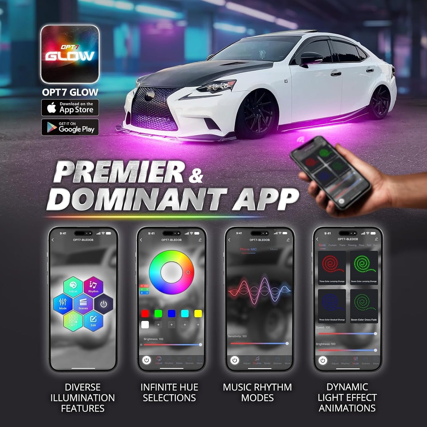 OPT7 Aura Pro Underglow LED Lights with APP & Remote Control, RGB Multicolor Mode, Music Sync, 4 PCS Waterproof Rigid Aluminum Light Bar, Exterior Underbody Lighting Kit Universal Fit for Car Truck RV