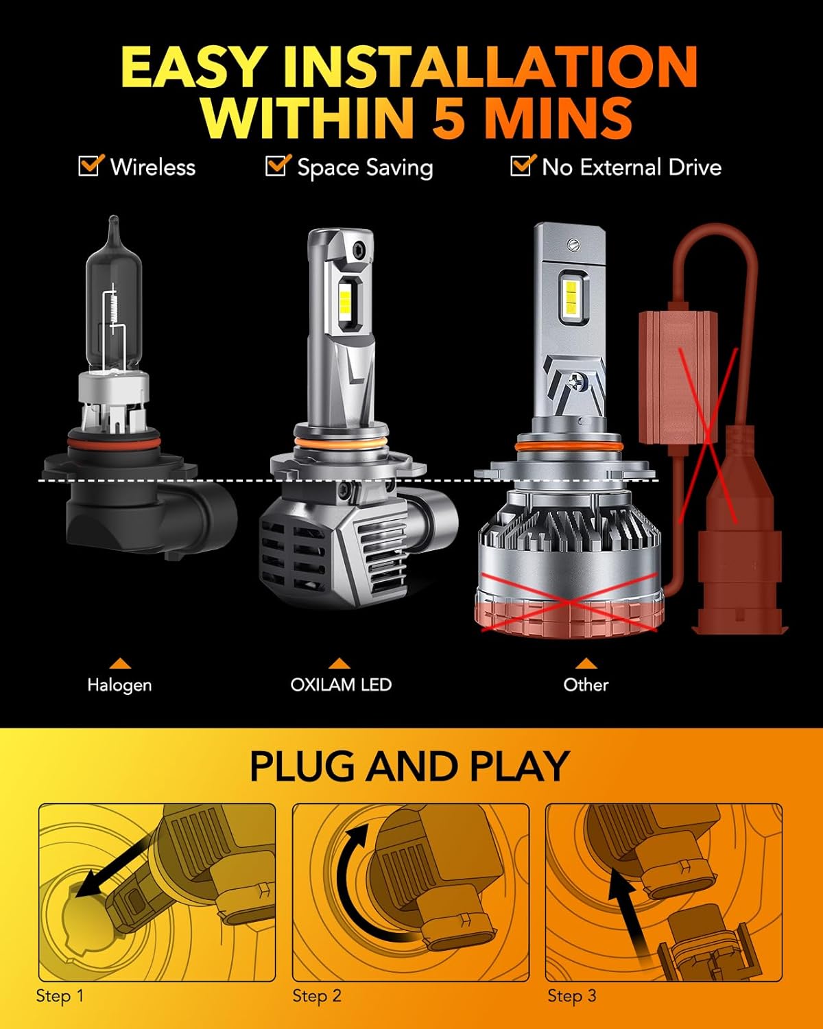 OXILAM 9005 9006 LED Bulbs, 900% High Brightness HB3 HB4 Fog Light Bulb, 6500K Cool White, Pack of 4