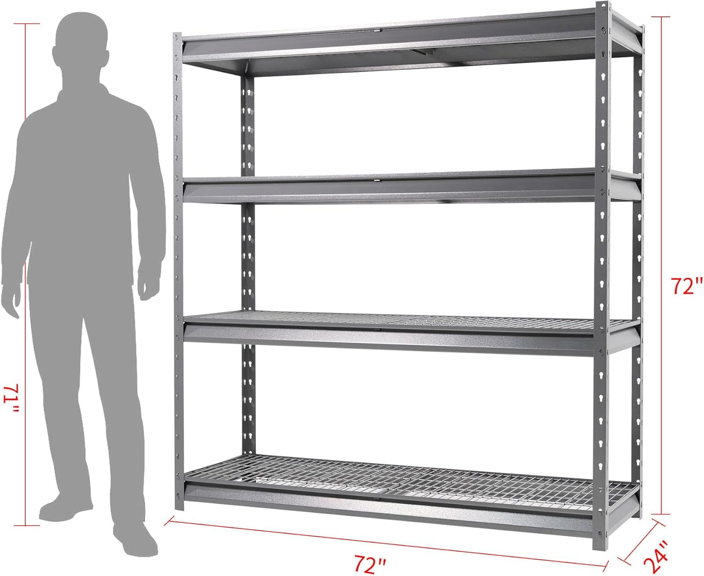 The Atlas 72" W Heavy Duty Garage Shelving Load 8000 Lbs, 4 Tier Metal Storage Shelves, Adjustable Industrial Steel Rack for Warehouse Basement Shop, 72" W x 24" D x 72" H, Grey