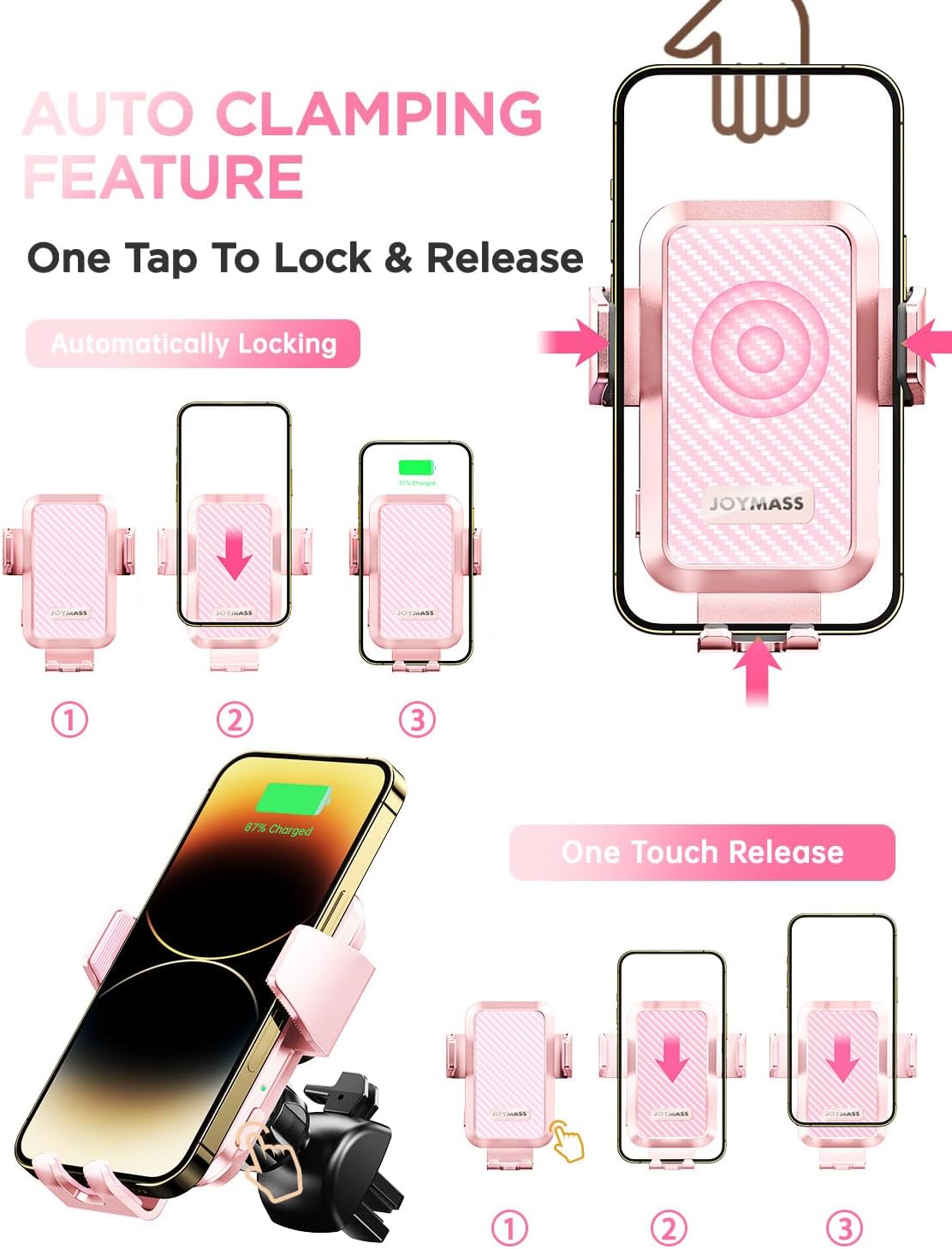 Wireless Car Charger, Phone Holders for Your Car, 15W Auto Clamping Phone Mount Car Accessories for iPhone 16 15 14 13 12 Mini Pro Max 11, Samsung Galaxy S24 Ultra S23 S22+ Note 20, etc-Pink