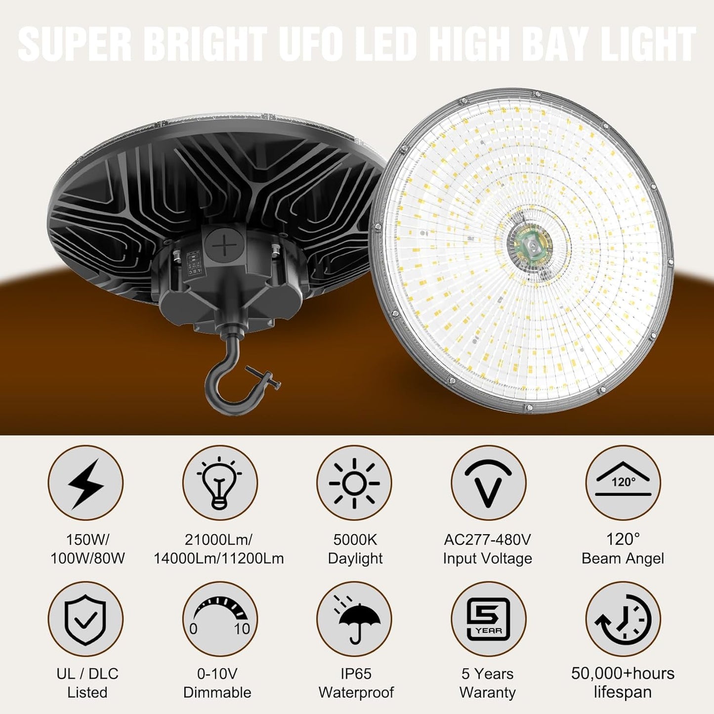 3 Pack 480V LED High Bay Light UL DLC Listed UFO Light 150W 100W 80W Adjustable, Dimmable High Bay LED Shop Lights 5000K Daylight, IP65 Commercial Bay Lighting for Warehouse Factory