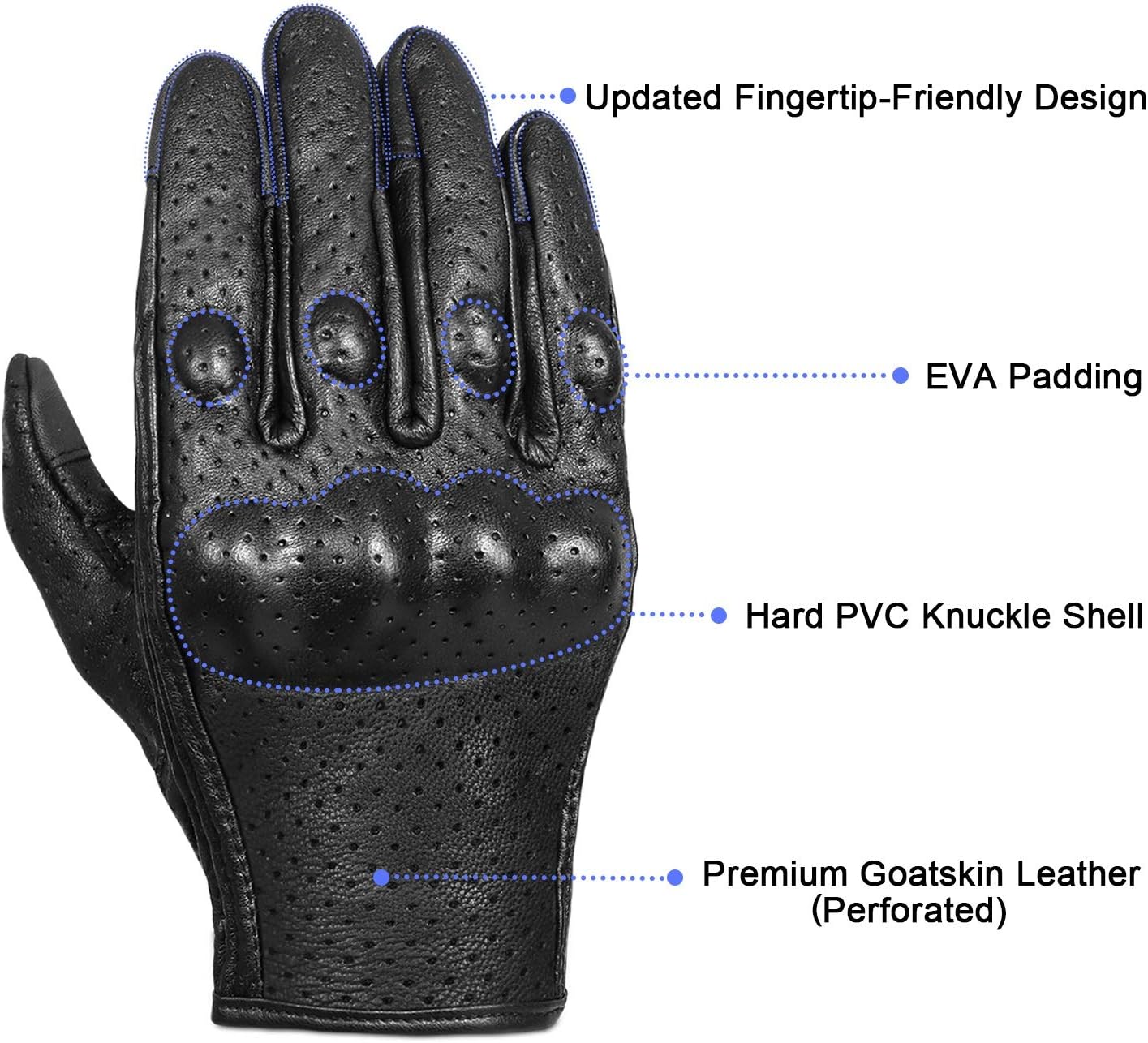 Full finger Goat Skin Leather Touch Screen Motorcycle Gloves Men/Women S,M,L,XL,XXL (Perforated, XL)