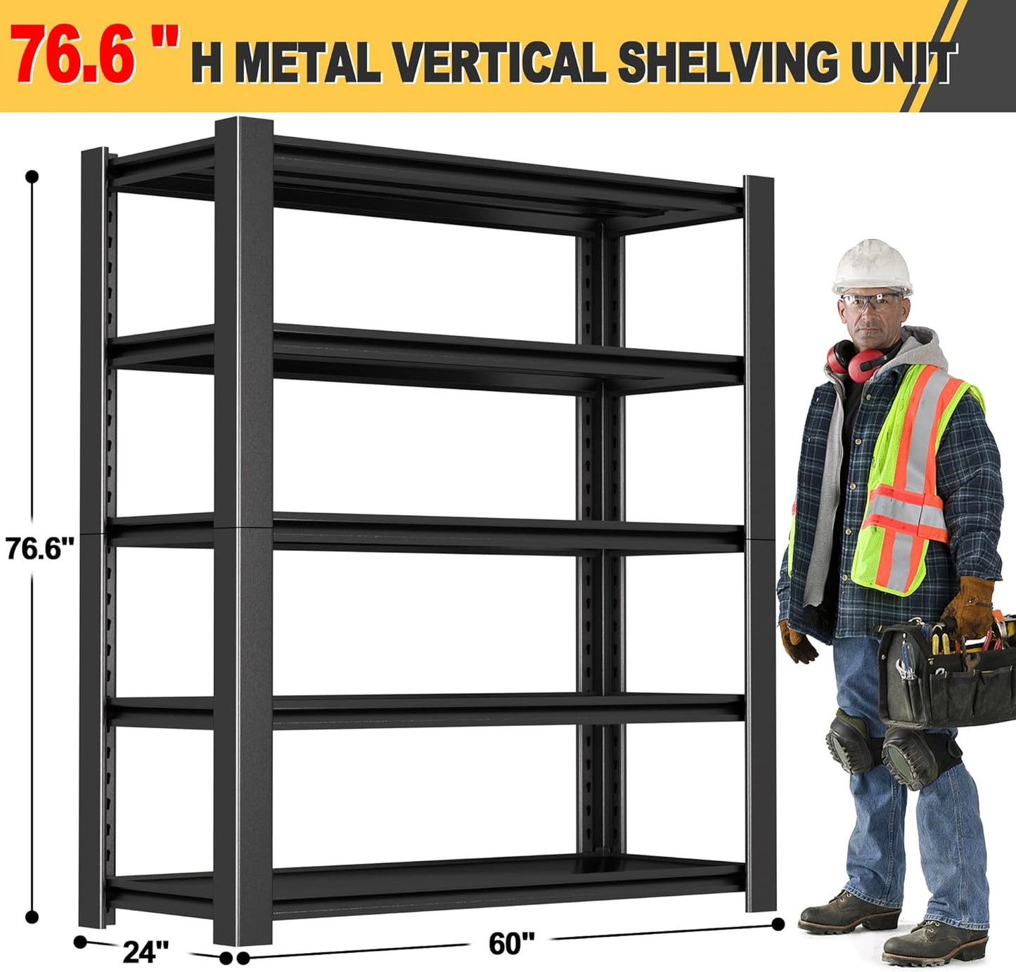 76" H x 60" W x 24" D 5-Tier Heavy Duty Garage Shelving Unit, 3000 LBS Capacity Metal Storage Rack,Adjustable Steel Shelves for Garage, Warehouse, Basement, Pantry, Workshop.1 Pack