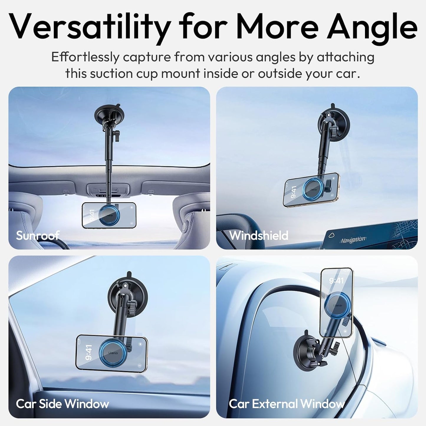 ULANZI ZJ06 Magnetic Suction Cup Mount Compatible with iPhone MagSafe Extendable Cellphone Stand Photo Video Filming Accessories Car Dashboard Windshield for iPhone 16 15 14 13 12