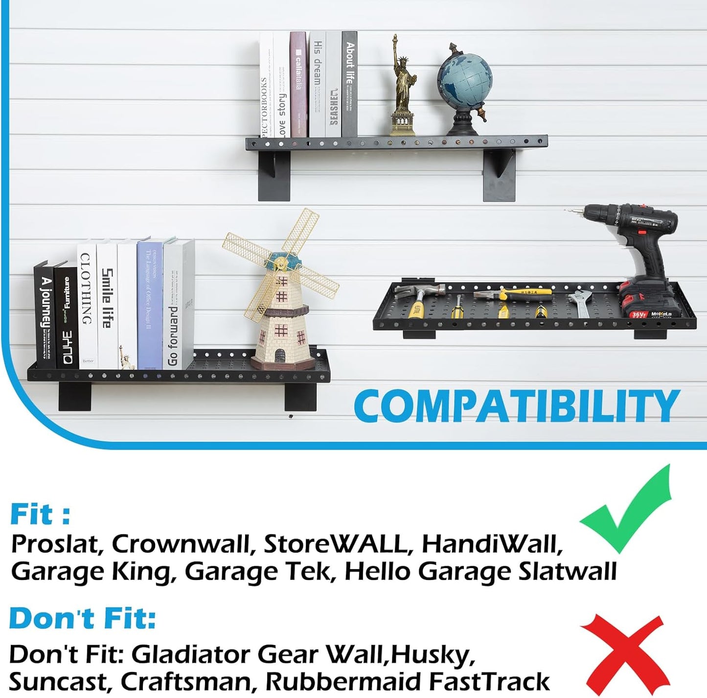 Slatwall Shelves 24x10 Inch, Slatwall Accessories for Retail, Garage, Home Storage, Heavy Duty Slat Wall Hanging Shelf (2, White)
