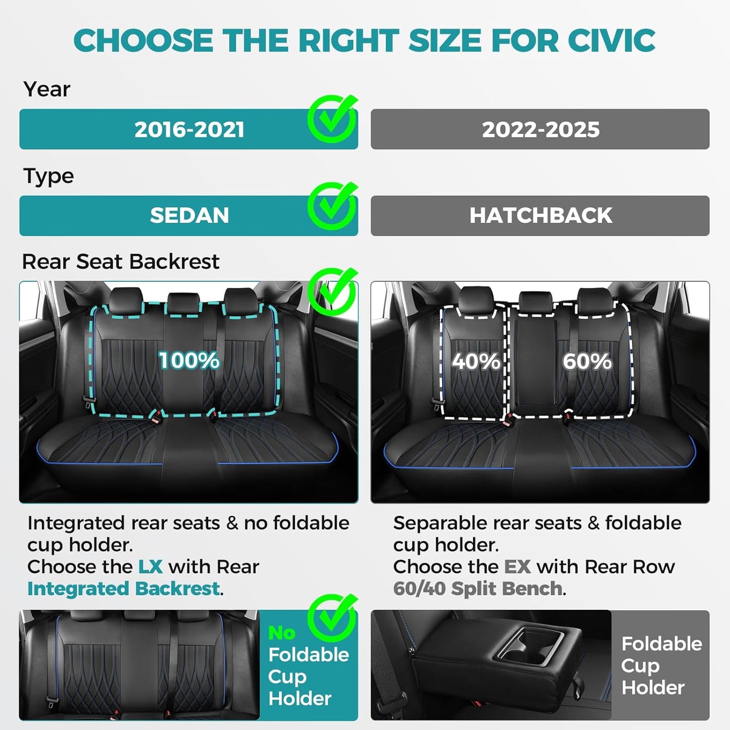 Seat Covers for Honda Civic Sedan LX 2016 2017 2018 2019 2020 2021, Faux Leather Car Seats Cover Full Set (Rear Row Solid & No Folding Backrest)-BlackBlue