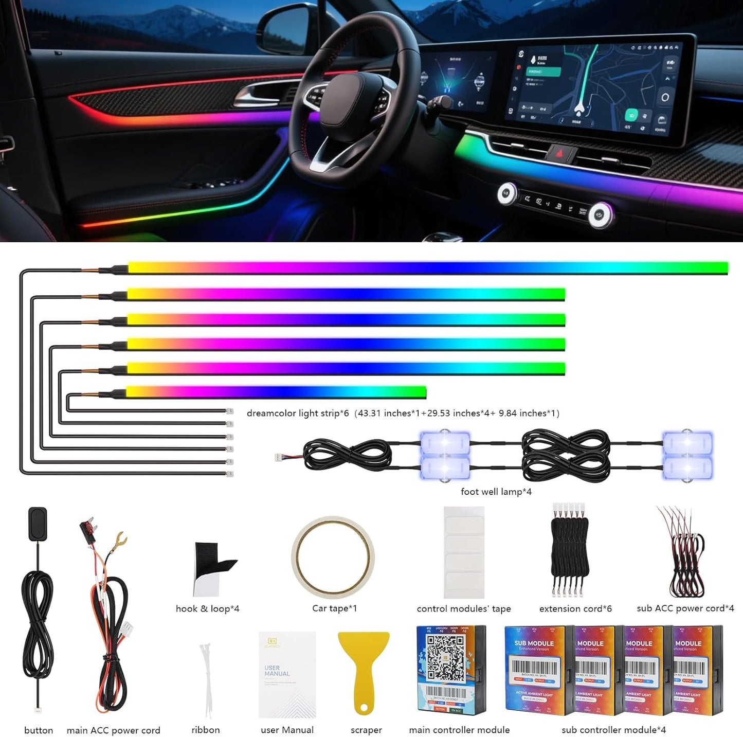 2025 Upgraded Dreamcolor Acrylic Interior Car LED Strip Light with Self-Developed App RGB 10 in 1 | Dual Zone Control | Super Brighter LED Strips | Music Sync | 16M Colors Interior Led Lights for Cars
