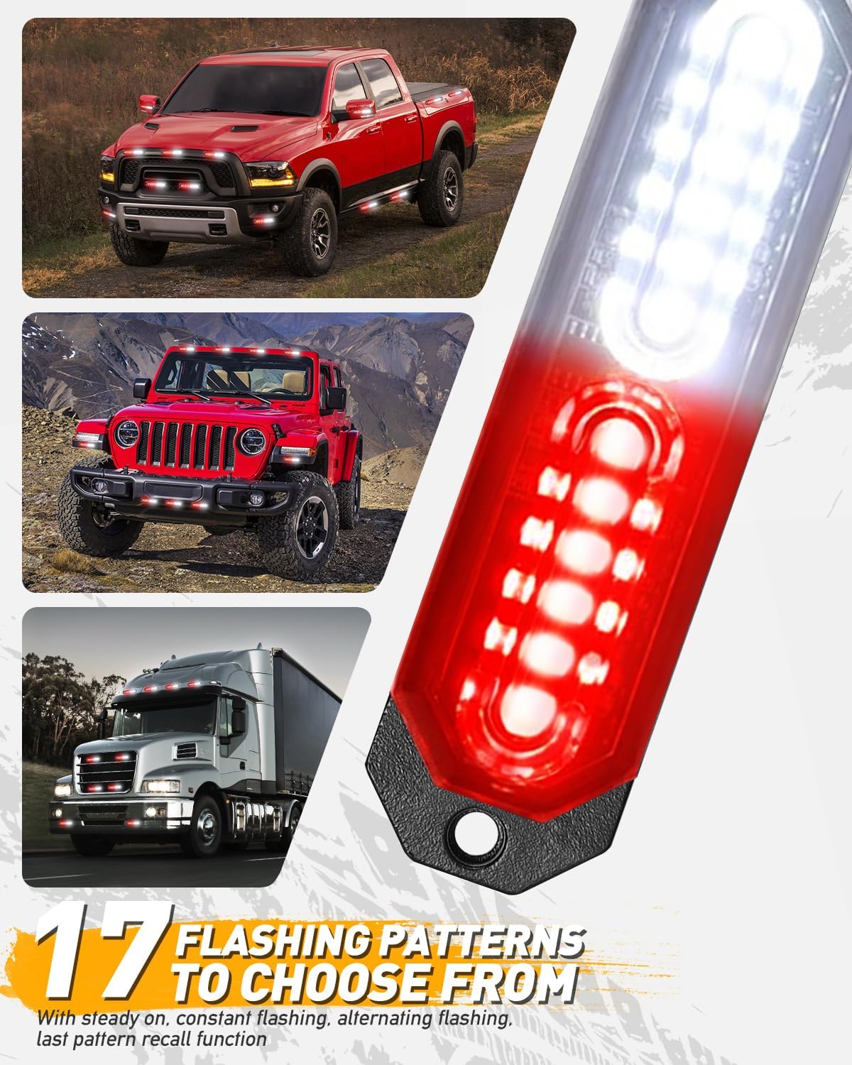 HLauto 1200T Emergency Strobe Grille Lights: 8pcs 12 LED Sync Feature Safety Warning Flashing Lights, Ultra Slim Surface Mount Hazard Caution Lights for Trucks, Vehicles, Car, ATV, UTV (Red White)
