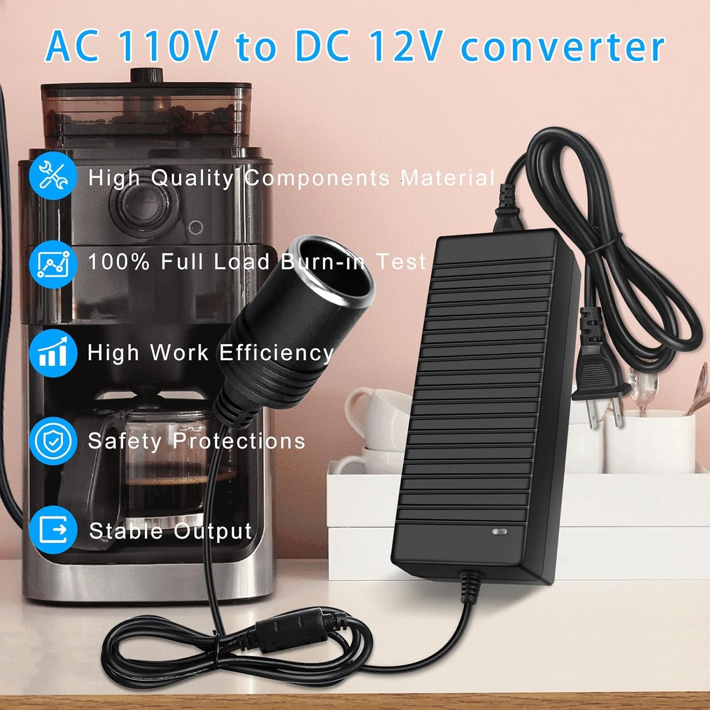 inShareplus 12V 120W AC to DC Converter, 110V to 12V 10A Car Cigarette Lighter Adapter to Wall Outlet Socket, 12 Volt Power Supply Transformer for Car Devices (MP3, Fan, Dash Cam ect.)