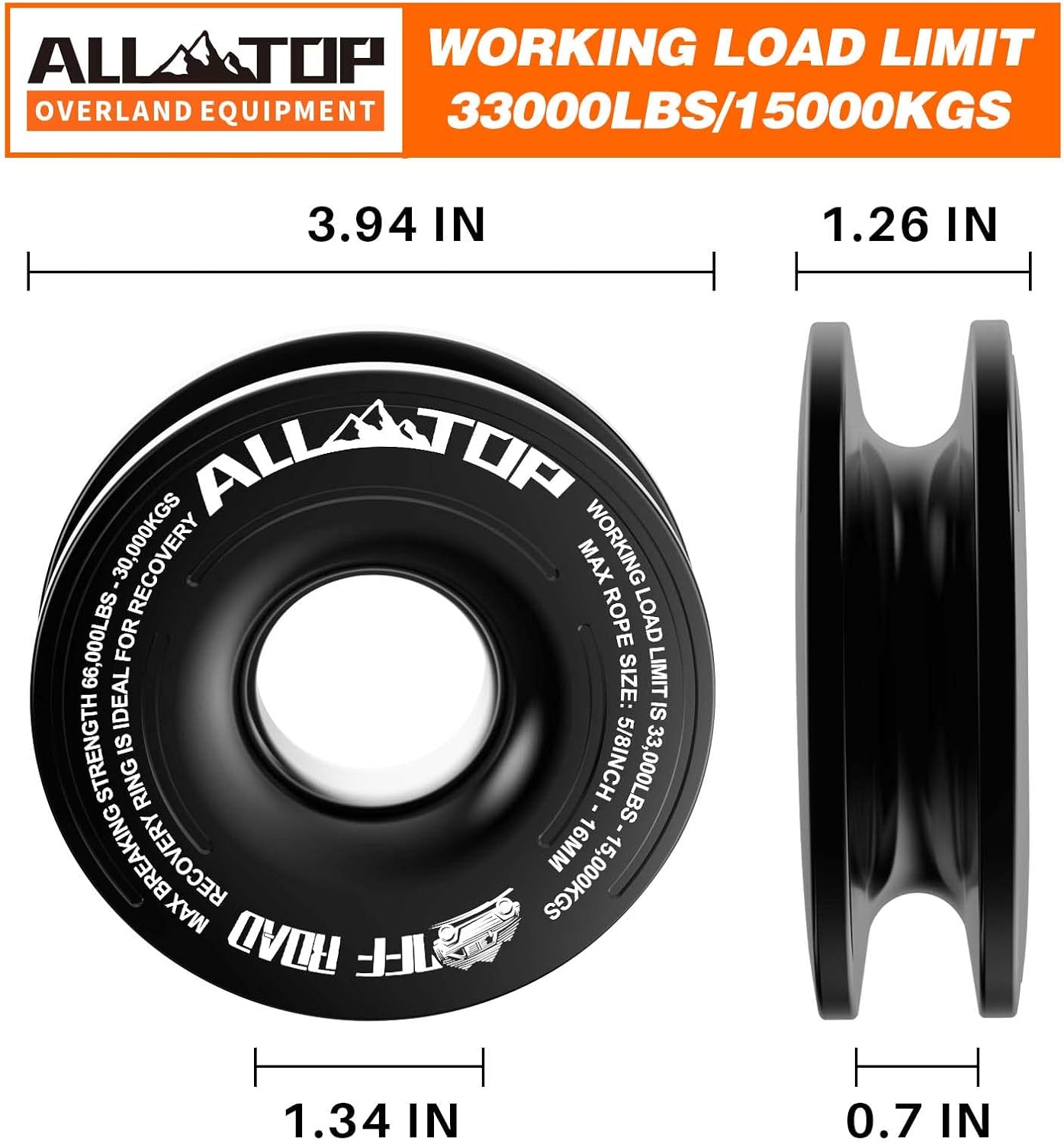 ALL-TOP Recovery Ring 66000 LBS Winch Snatch Towing Ring, Tackle Pulley System, Rope Retention Safety Strap Included, Black