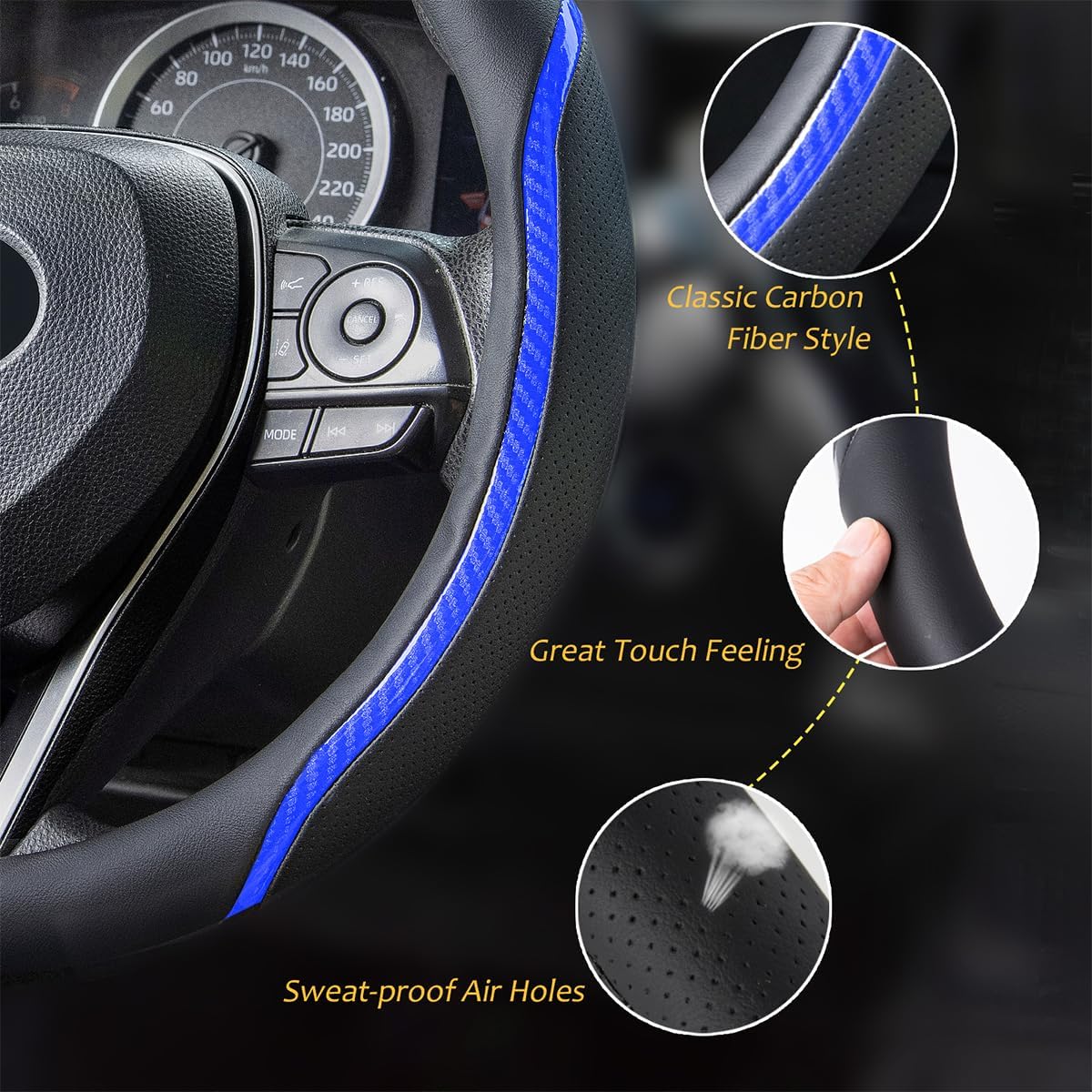 Steering Wheel Cover Blue, Carbon Fiber Car Steering Wheel Covers with Coasters Universal 14.5-15 inch Leather Microfiber Breathable Anti-Slip Steering Wheel Accessories Set