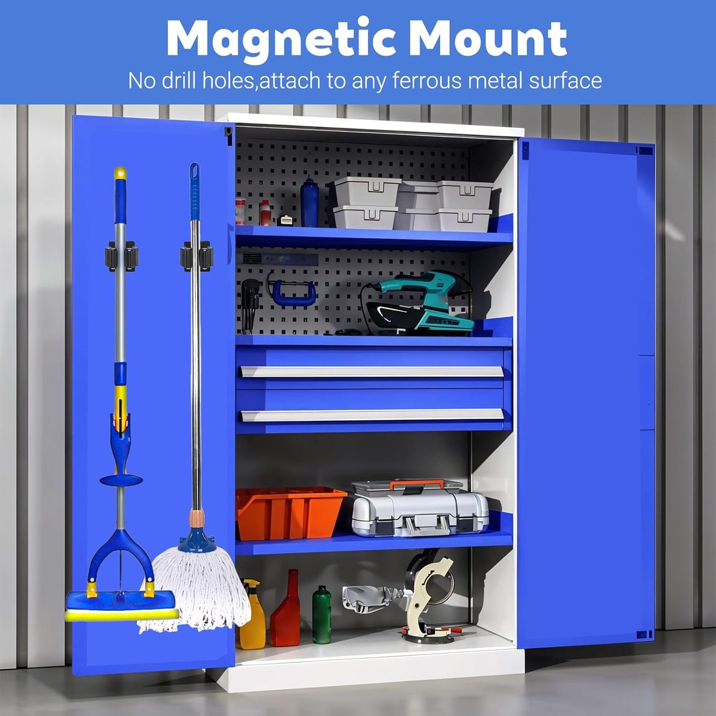 4 Pcs Magnetic Broom Holder, Mop and Broom Holders Wall Mount Heavy Duty Anti-Slip Magnetic Tool Holder with Rubber Grippers for Garage Laundry Kitchen RV Accessories