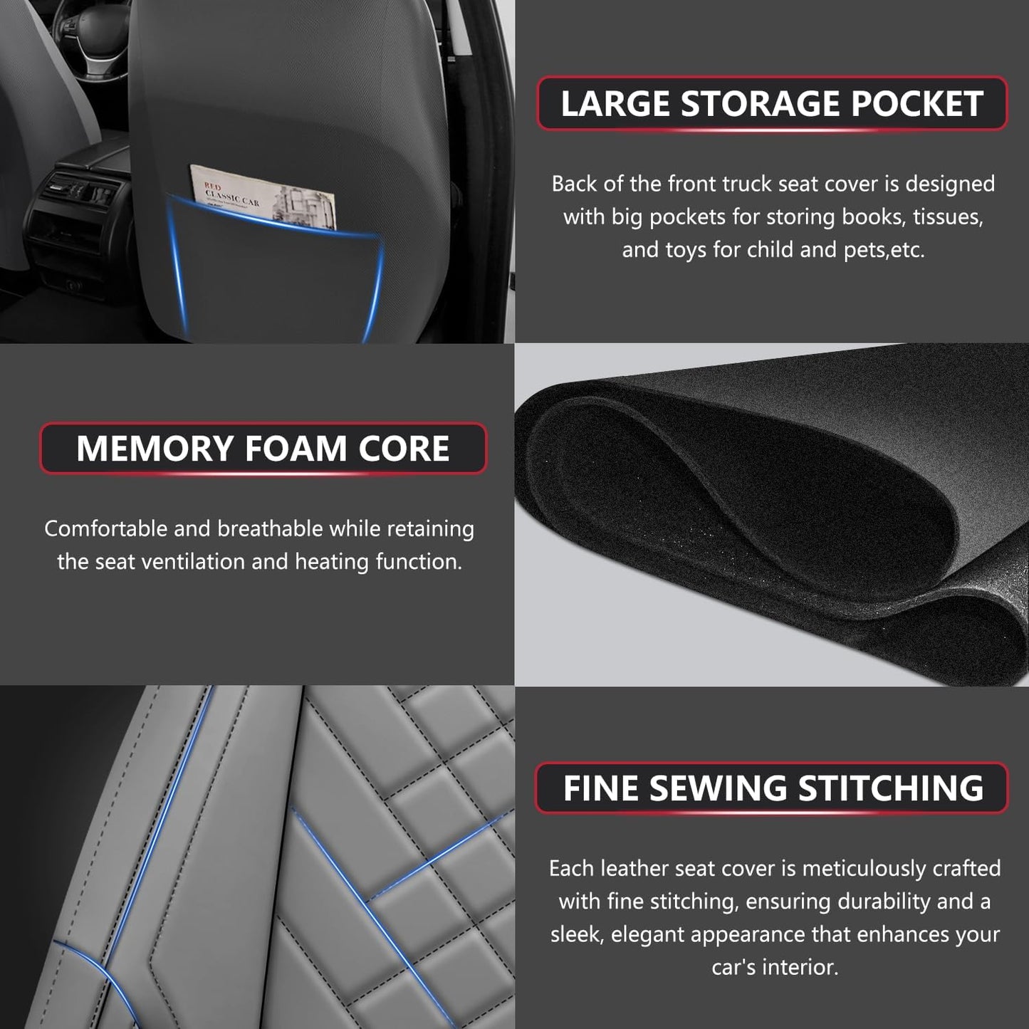 BABYBLU Chevy Chevrolet Silverado GMC Sierra Car Seat Covers Fit 2007-2023 2024 2025 1500/2500HD/3500HD (Grey, Full Set)