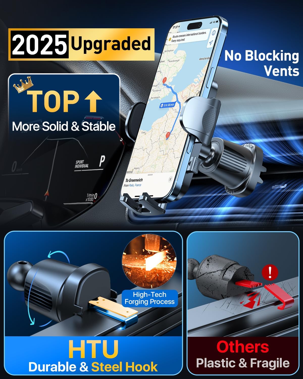 HTU Upgraded Strongest Suction Car Phone Holder Bendable Arm, Never Block View Rotatable Cellphone Mount for Dashboard Windshield Vent, Cradle Stand for iPhone 16 15 14 13 12 Pro Max (Red)