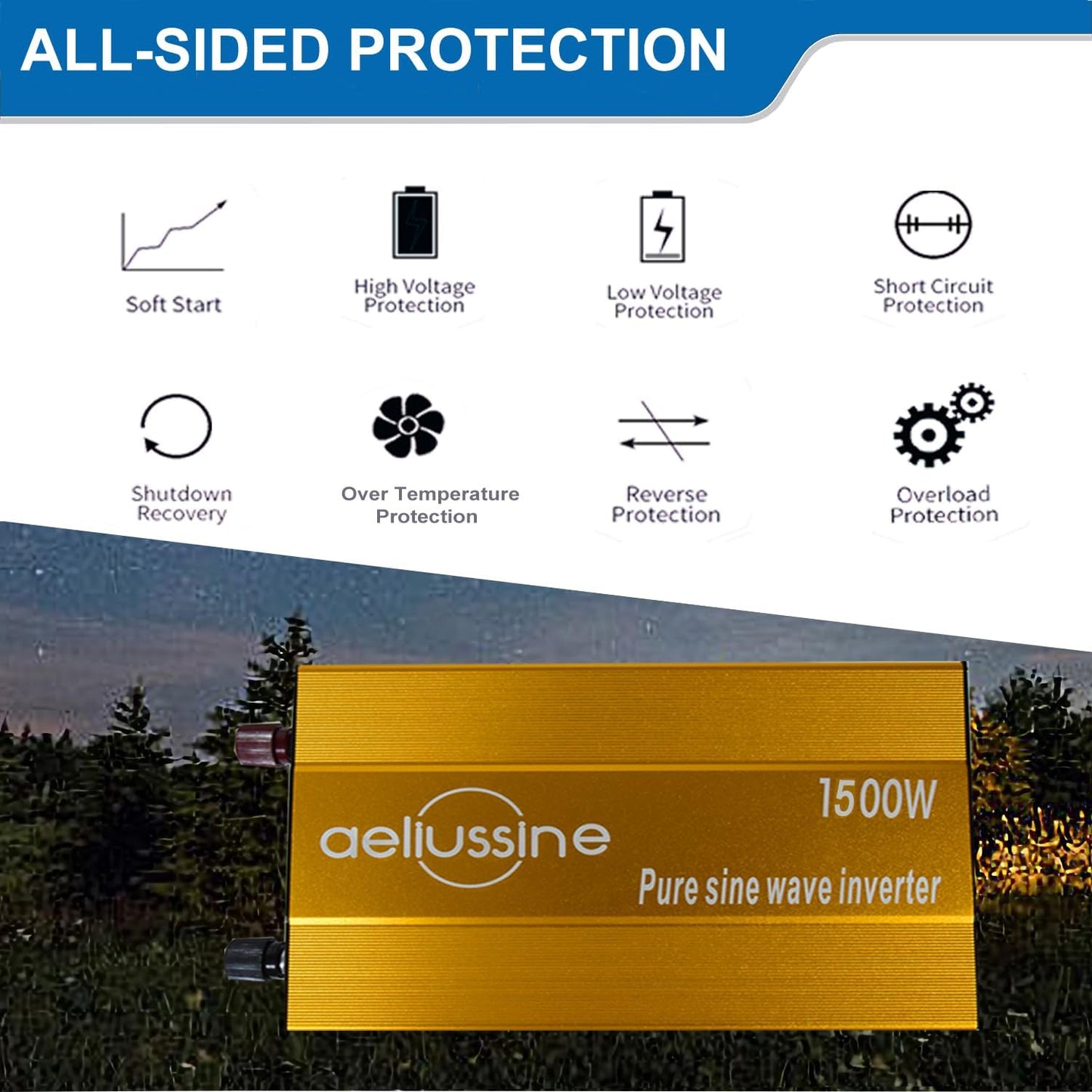 1500W Pure Sine Wave Inverter-36V DC to 110V 120V AC Power Converter with 2 AC Outlets, 36 Volt Power Inverter for Truck, Rv, Camping, Home, Emergency Power