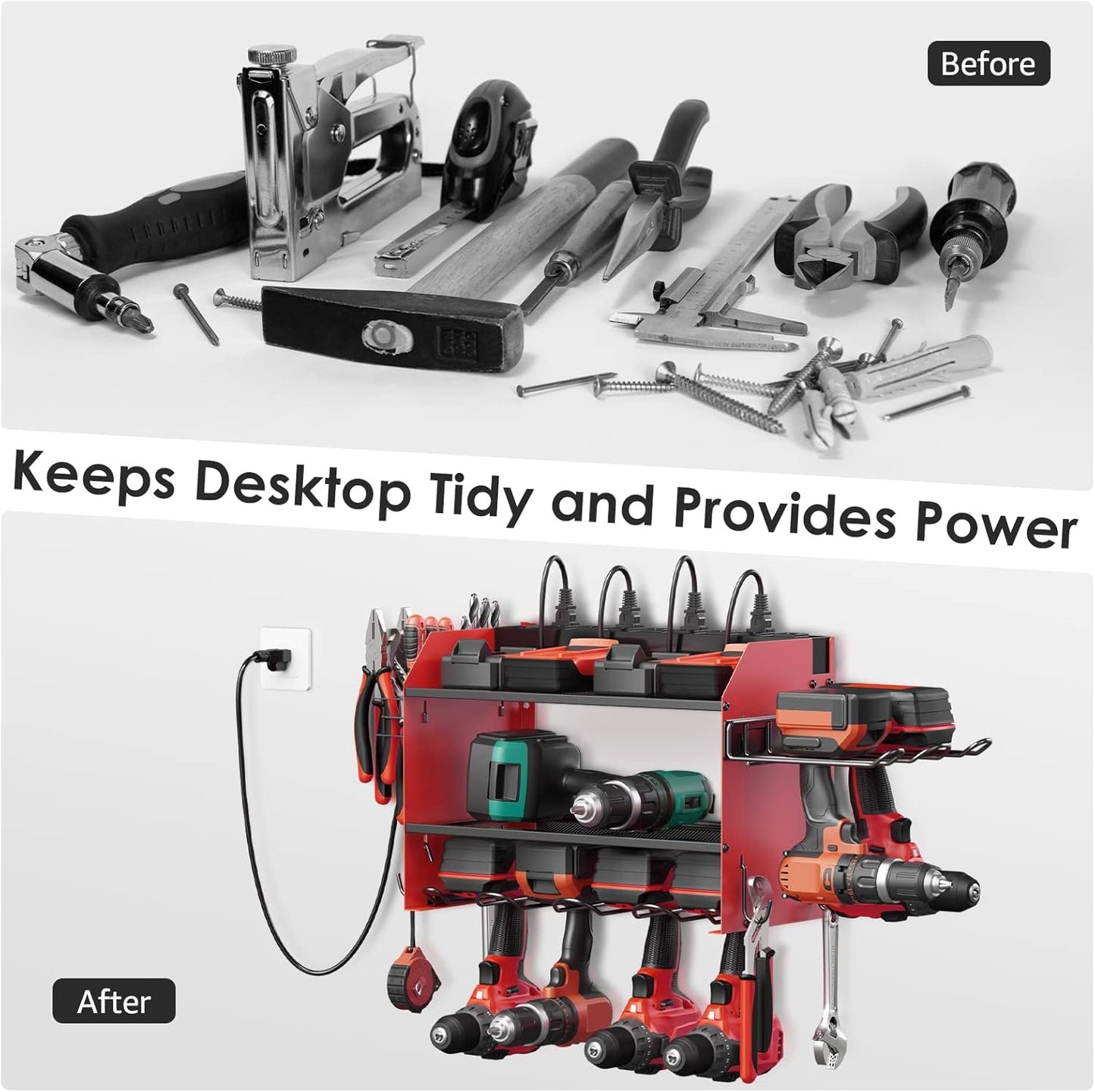CCCEI Modular Power Tool Organizer Wall Mount Charging Station, Red 6 Drills Holder with 8 Plug Power Strip, Garage Drill Battery Heavy Duty Metal Shelf, Utility Rack with Hooks, Side Storage.