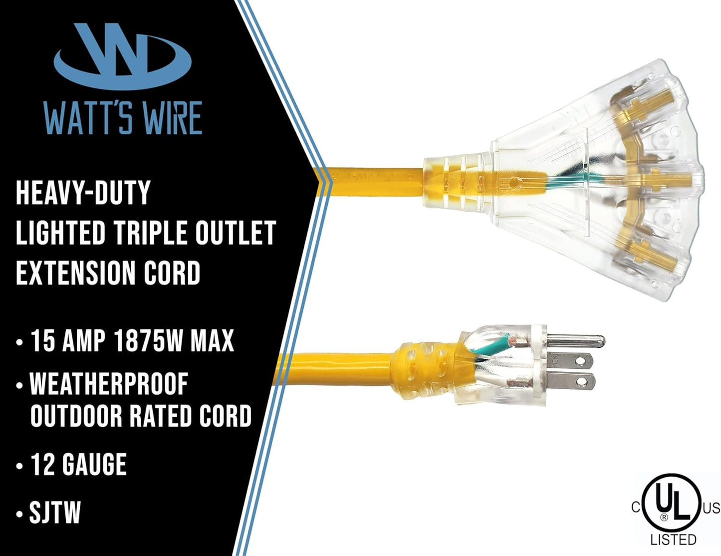 3 Pack - 2 ft - 12 Gauge Heavy Duty Extension Cord - 3 Outlet Lighted SJTW - Indoor/Outdoor Extension_Cord by Watt's Wires - 2' 12-Gauge Grounded 15 Amp ExtensionCord Splitter