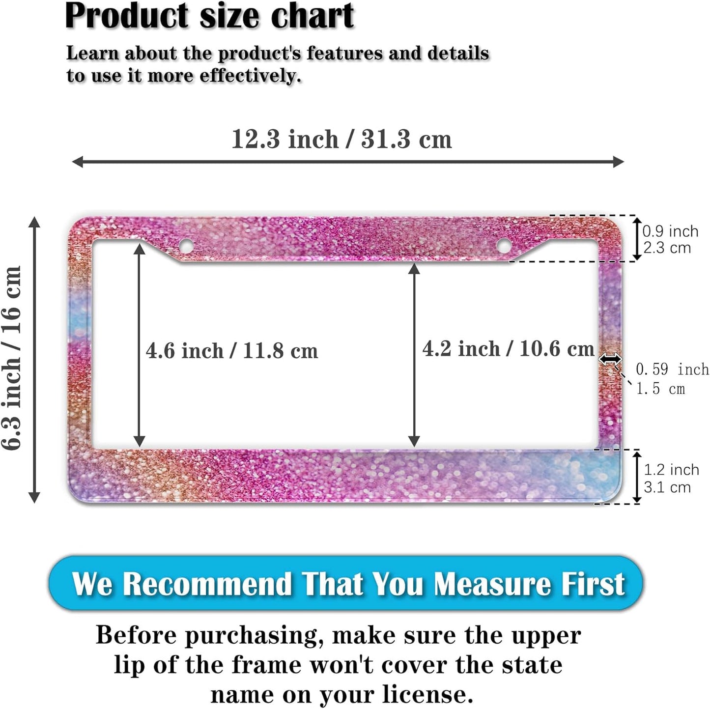 License Plate Frame Multicolor License Plate Holder Shining Rainbow Gradient Sparkle Glitter Women Aluminum Metal Car Accessory 2 Pack with Screw Covers Set