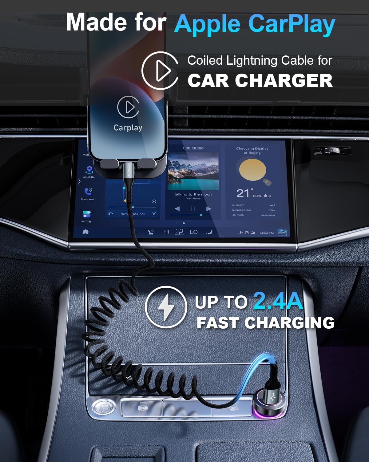 USB to Lightning Cable for Car 6FT, Coiled iPhone Charger Braided Lightning Cable [Apple MFi Certified] Fast Charging Cord Compatible with iPhone 14 Pro/Pro Max/Plus 13 12 11 8 7, iPad AirPods