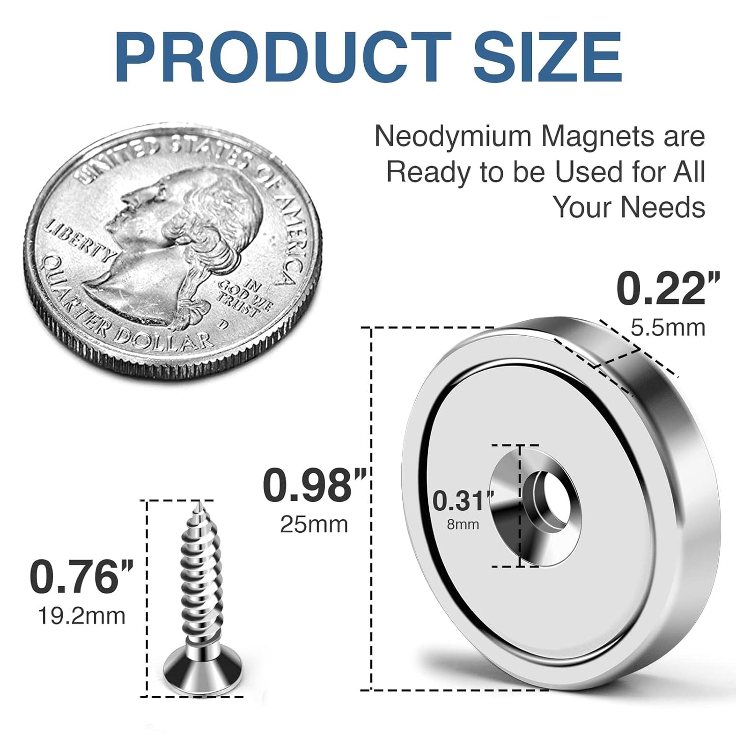 MIKEDE 70 LBS Magnets with Screw Holes, 6 Pack Force Neodymium Cup Magnets 25mm with Countersunk Hole and Steel Capsule, Powerful Industrial Strength Strong Magnet with Screws for Wall Mounting