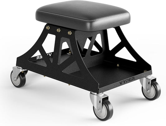 Vyper Low Pro Garage Stool with Removable Seat for Mechanics, Automotive, DIY - 400 lb Capacity Rolling Shop Chair (Black Seat, Black Frame)