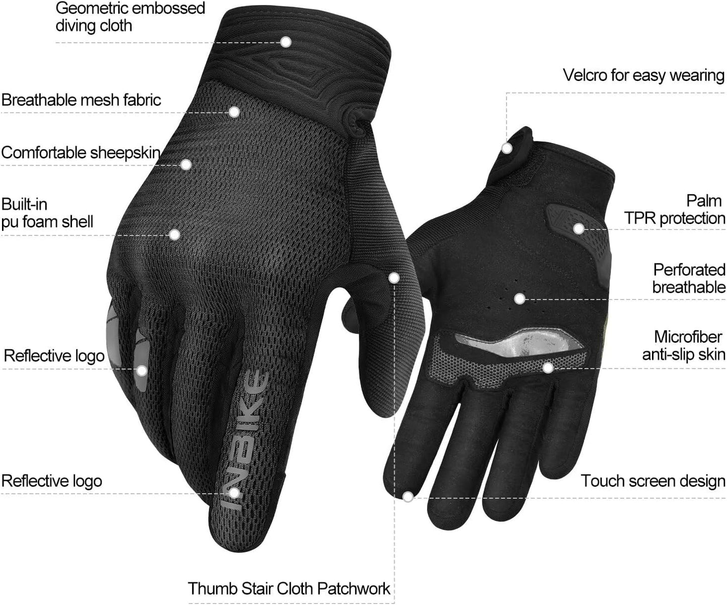 INBIKE Breathable Mesh Motorcycle Gloves for Men/Women, Shell Protection, Reflective, TPR Palm Sliders, Touchscreen Motorbike Gloves for ATV BMX MTB Riding