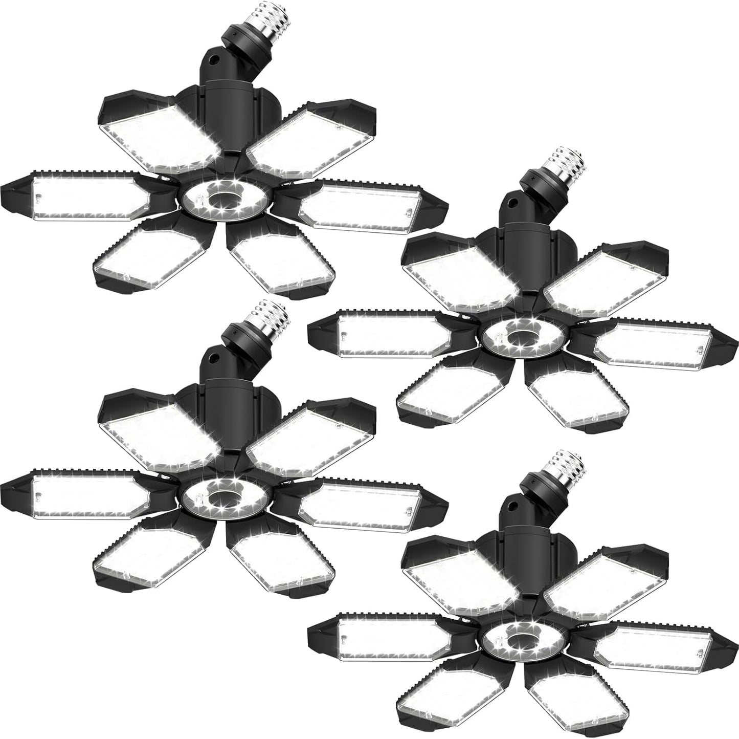 LED Garage Light Super Bright 15000LM LED Shop Ceiling Lights 6500K Garage Lighting, 360°&180° Adjustable Basement Lights with 6 Deformable Panels Screw in E26 E27 Socket for Storage Attic, 4 Pack