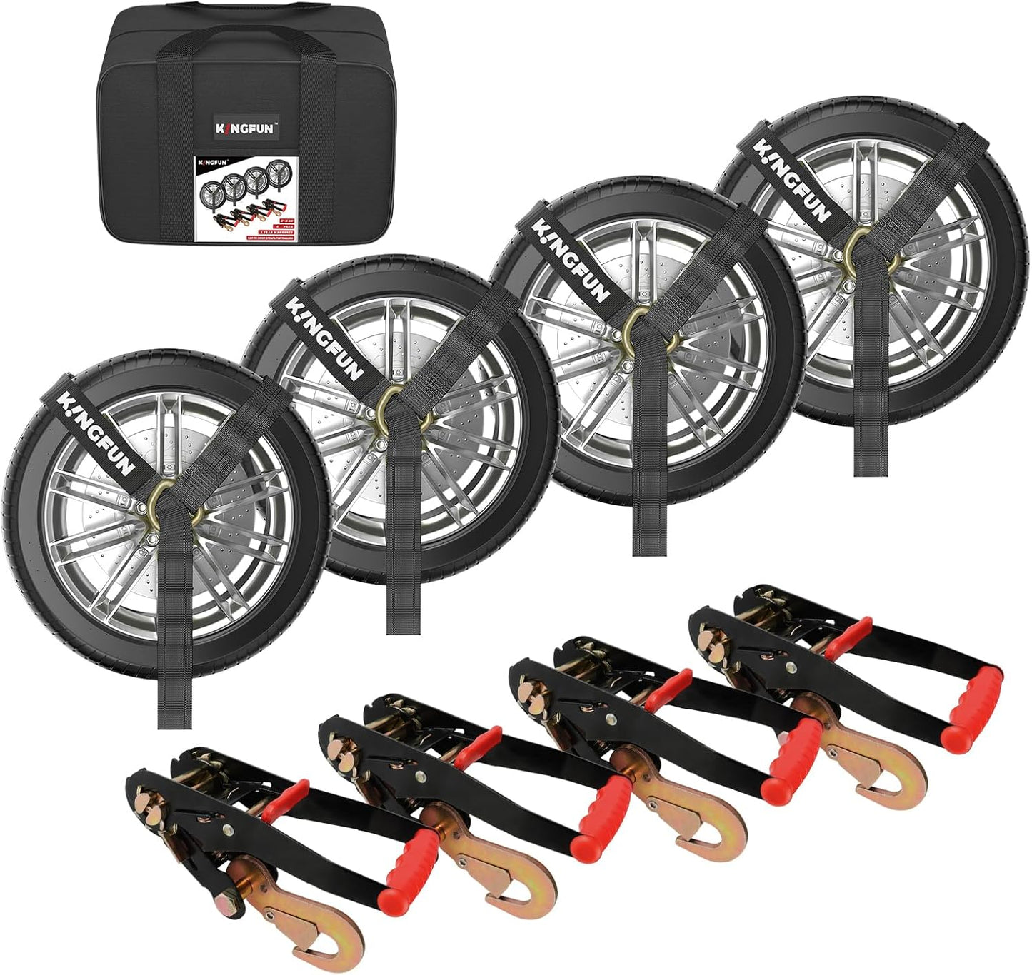 Kingfun Car Tie Down Straps for Trailers with Snap Hooks 4 Pack - 2" X 120" Tire Straps for A Car Trailer, 10,000lbs Break Strength Heavy Duty Ratchet Straps for Truck, Cars,Trailer & More