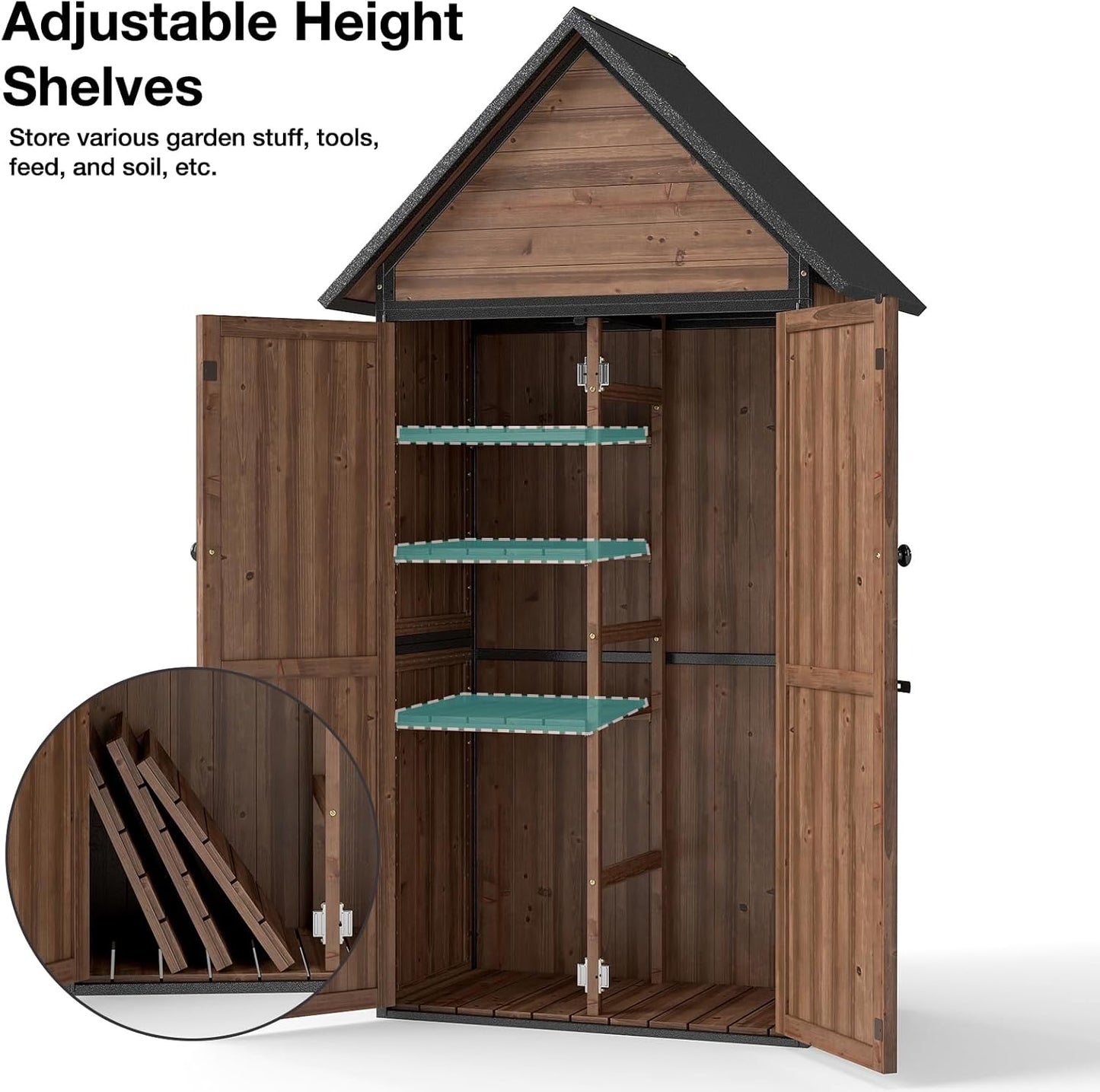 Outdoor Storage Shed with Waterproof Roof - Heavy-Duty Metal & Wood Garden Cabinet, Adjustable Shelves, Large Capacity Waterproof Design for Patio, Garage, Backyard (Dark Brown)