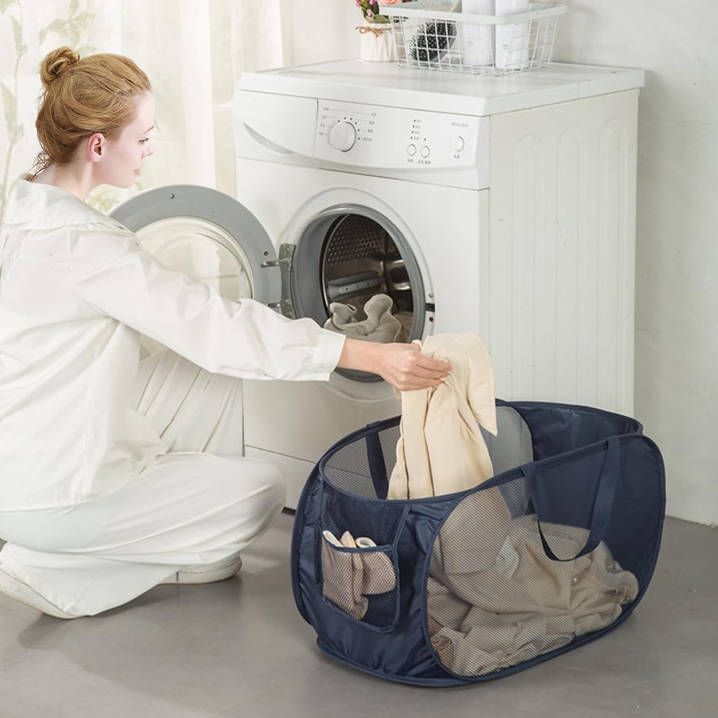 Sturdy Mesh Laundry Hamper Basket Bag,Pop up Basket with Side Pocket for Laundry Room, Bathroom, Kids Room, College Dorm or Travel (Pop Horizontal, Grey + Grey)