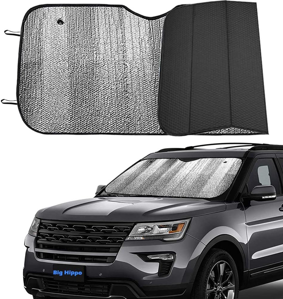 Big Hippo Front Car Sun Shade Windshield, Jumbo/Standard Sunshade Keeps Vehicle Cool UV Ray Sun Visor Protector Sunshades - Easy to Use Folding Sun Shade - Silver/Black Sides(Size: 55.16 X 27.5inch)