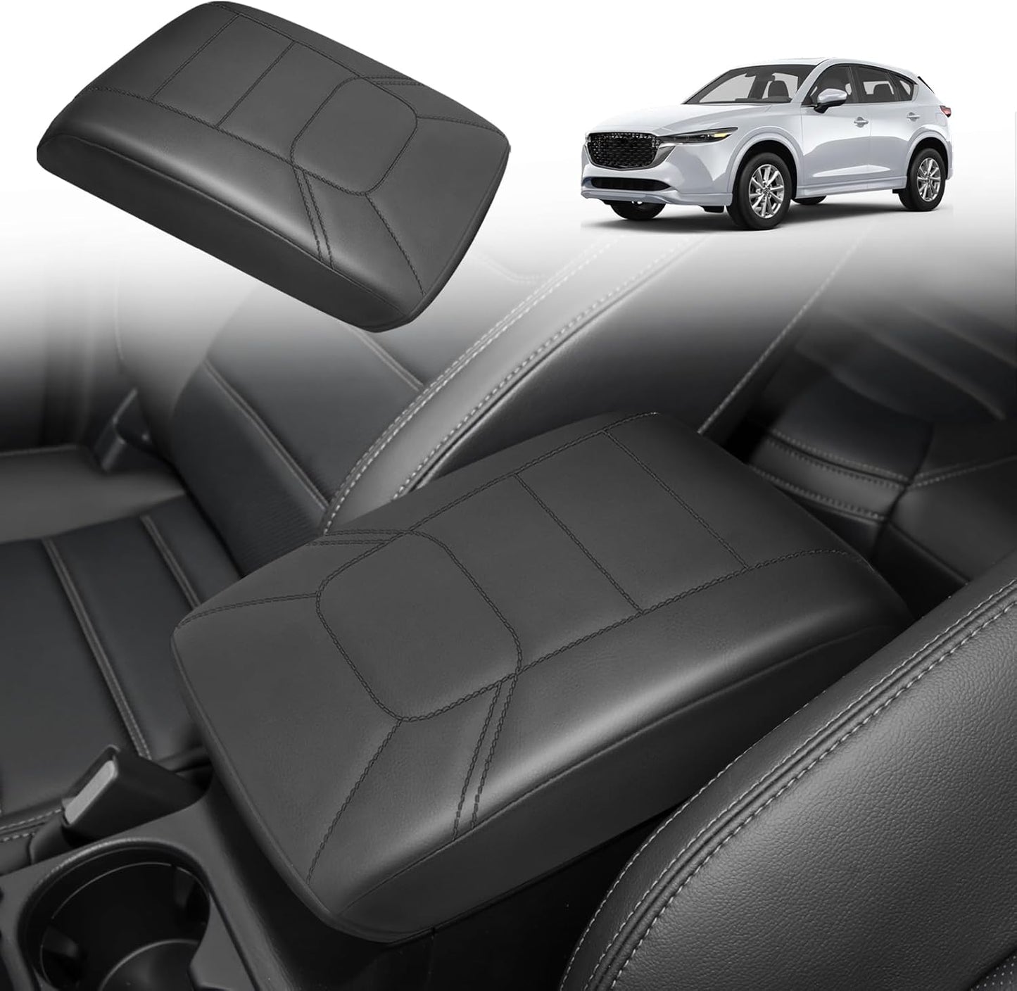 Muslogy Armrest Pad Center Console Cover Compatible with Mazda CX-5 2025 2024 2023-2017 CX5 Accessories Middle Console Cover Cushion Vegan Leather Armrest Lid Protector (Black/Black Stitching)