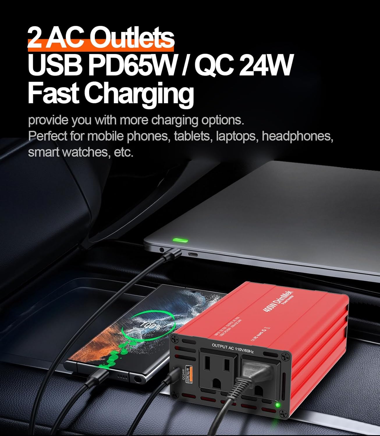 400W Car Power Inverter - Dual DC 12V to 110V AC Car Plug Adapter Outlets, Fast Charging USB C 65W & 24W Port, Power Inverters for Vehicles, Laptop Car Charger, Road Trips
