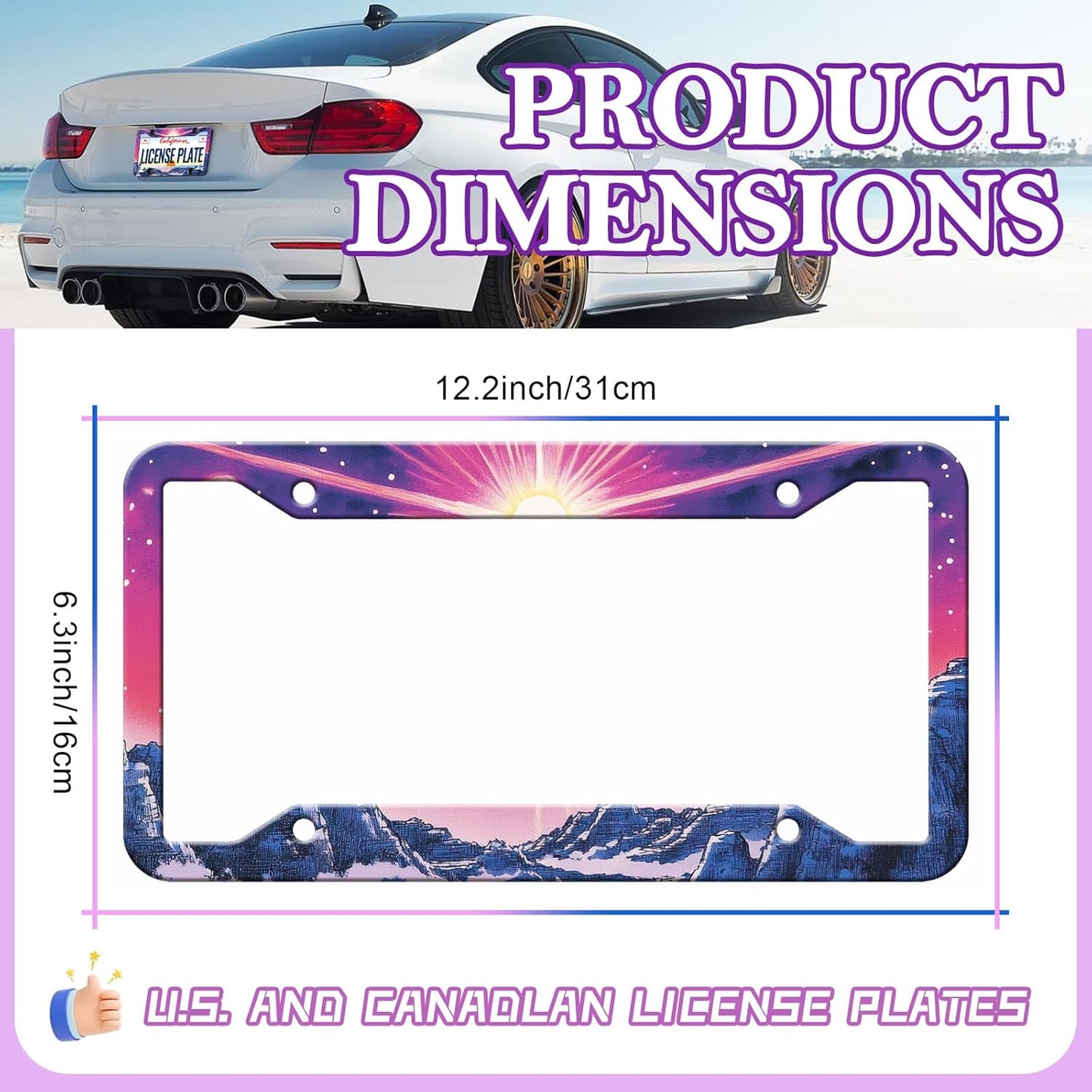 Sunset Mountain Anime License Plate Frames - 2 Pack Magic Colorful Stainless Steel License Plate Holder,Rust-Proof Waterproof Car Decorative Tag Frame with Screws Fasteners Caps