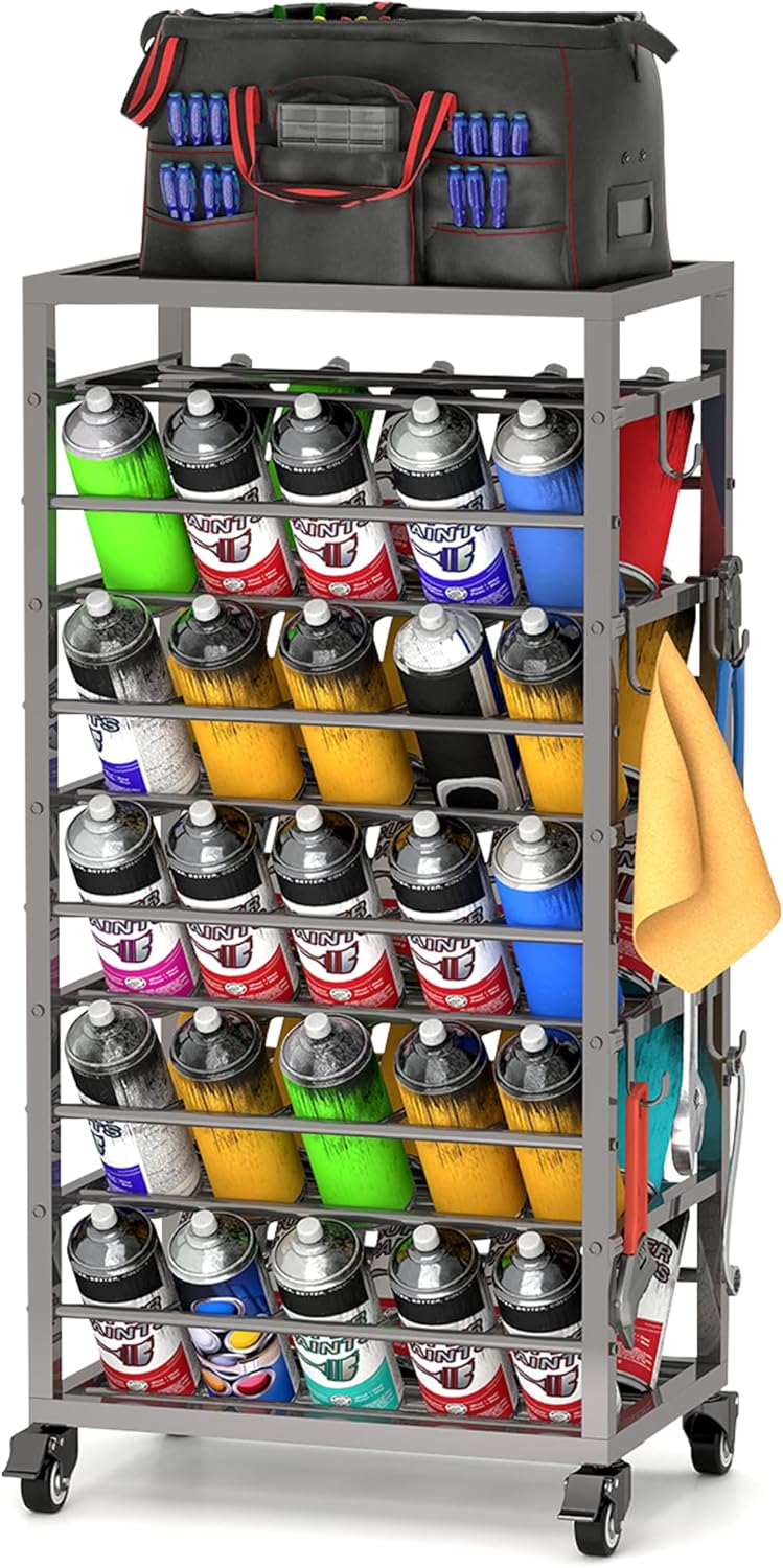 yeshine 50 Can Spray Paint Storage Rack, Metal Aerosol Storage Cart, Rolling Spray Bottle or Lube Holder, Aerosol Can Holder Rack, Paint Bottle Organizer for Garage And Craft Workroom