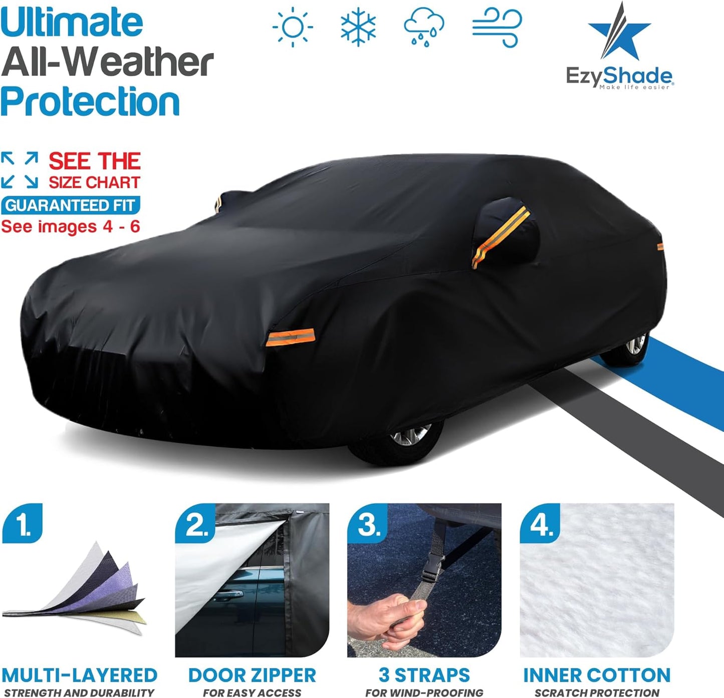 EzyShade 10-Layer Car Cover Waterproof All Weather. See Vehicle Size-Chart for Accurate Fit. Outdoor Full Exterior Covers for Automobiles Sedan Hatch. Rain Sun Snow. Black, Size A5 (See SizeChart)