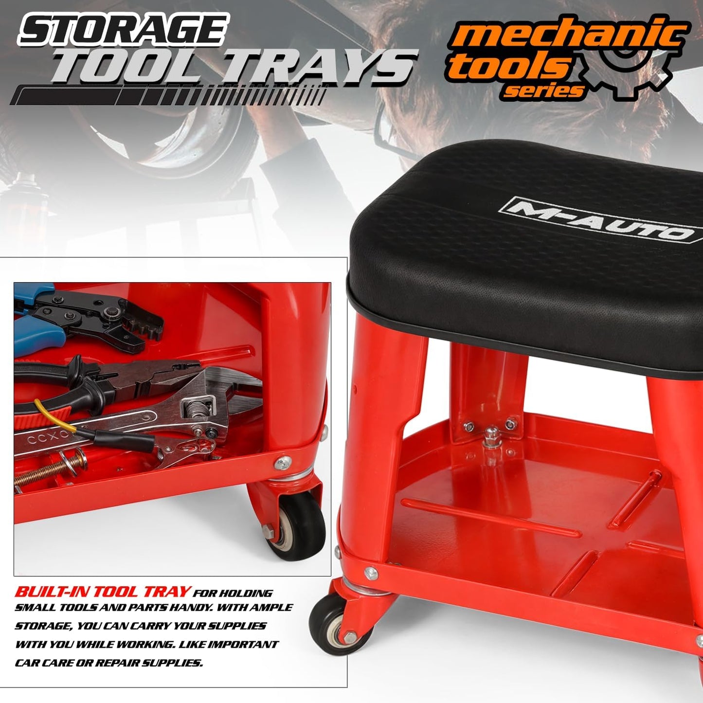 M-AUTO Heavy Duty Garage Rolling Work Seat 300LBS Capacity Mechanics Stool with Wheels, Rolling Work Seat with Equipment Tray and Tool Rack, Rectangle Seat Mechanic Roll Chair, Red
