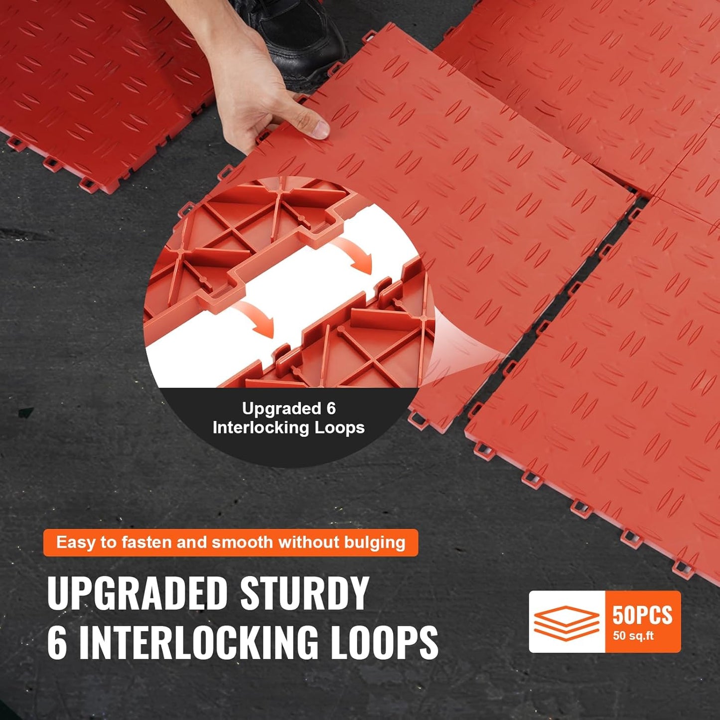 VEVOR Interlocking Garage Floor Covering Tiles, 50 Pack, 12 x 12 x 0.53 inch, Double-Sided Texture, Non-Slip, Red