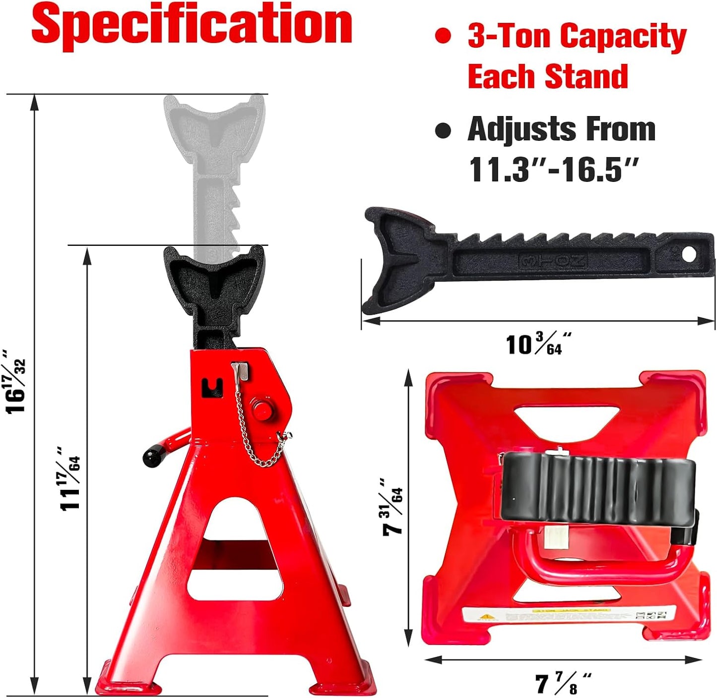Jack Stands 3 Ton (6,600 LBs), 11.22"-16.54" Adjustable with Double Pin Locking for Reinforced Safety. Car Jack Stand with Extra Rubber Pads for Trucks, Home,Garage,Lifting,1 Pair Red