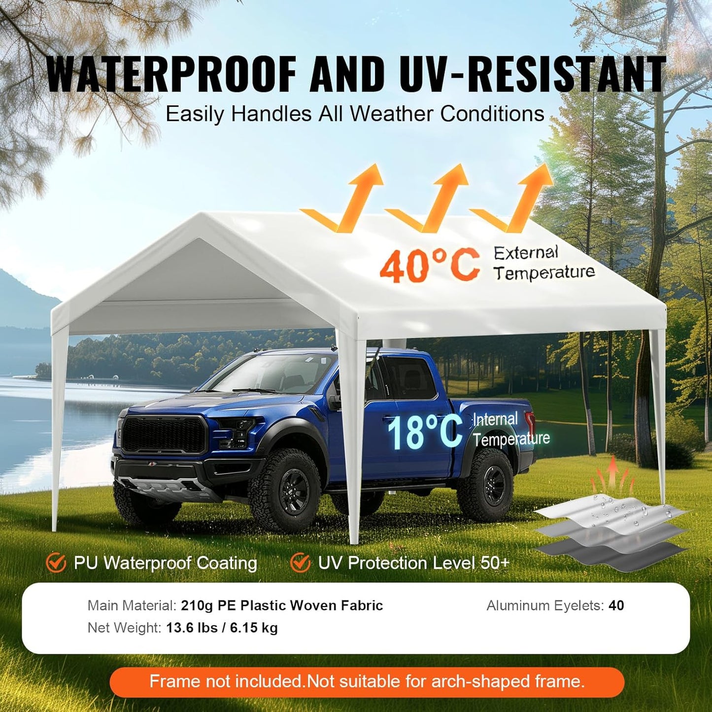 VEVOR Carport Replacement Canopy Cover 10 x 20 ft, Garage Top Tent Shelter Tarp Heavy-Duty Waterproof & UV Protected, Easy Installation with Ball Bungees,White (Only Top Cover, Frame Not Include)
