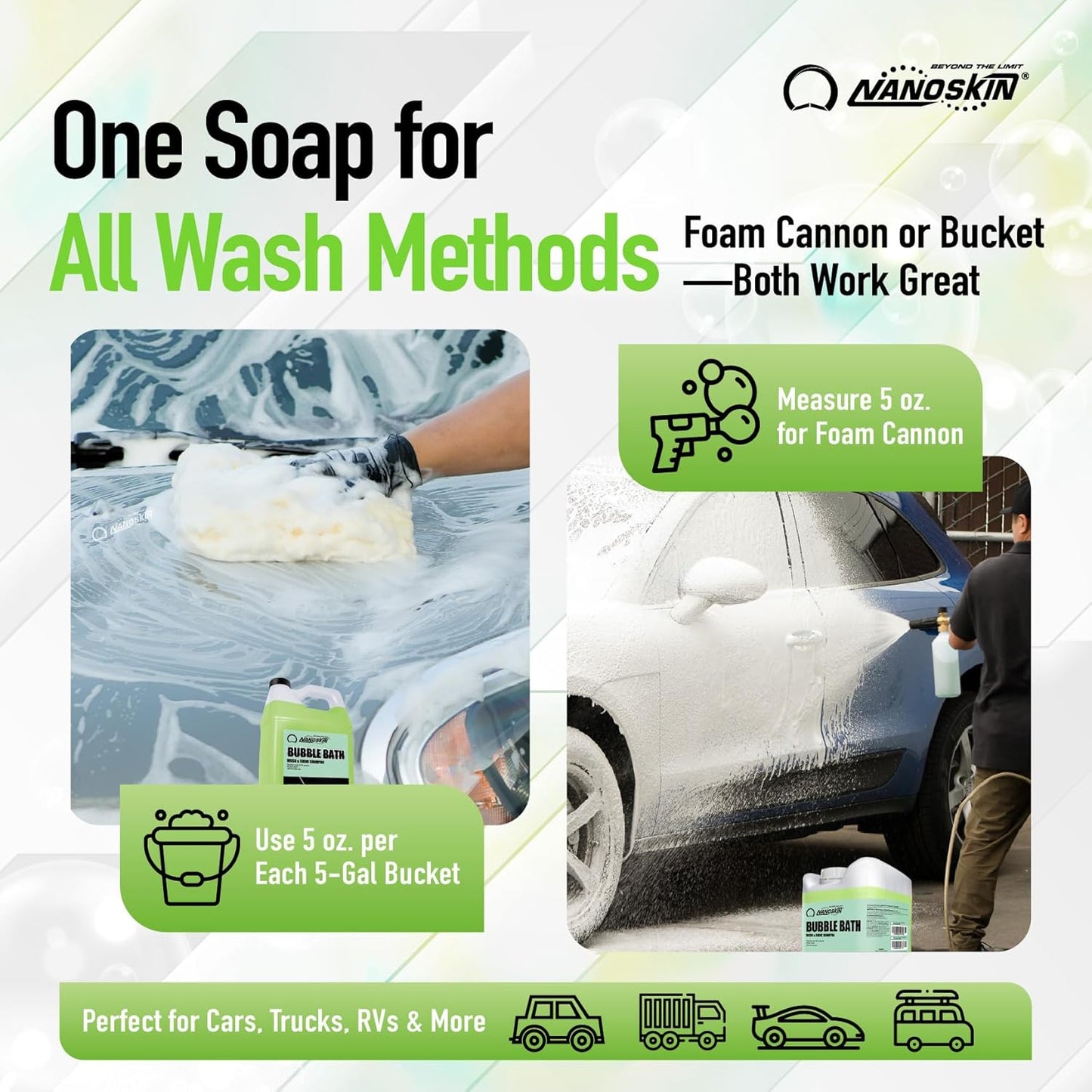 Nanoskin BUBBLE BATH Foaming Car Wash Shampoo 5 Gallons - Works with Foam Cannon, Foam Gun, Bucket Washes, Car Soap for Pressure Washer | For Car, Truck, Motorcycle, RV & More | Green Apple Scented